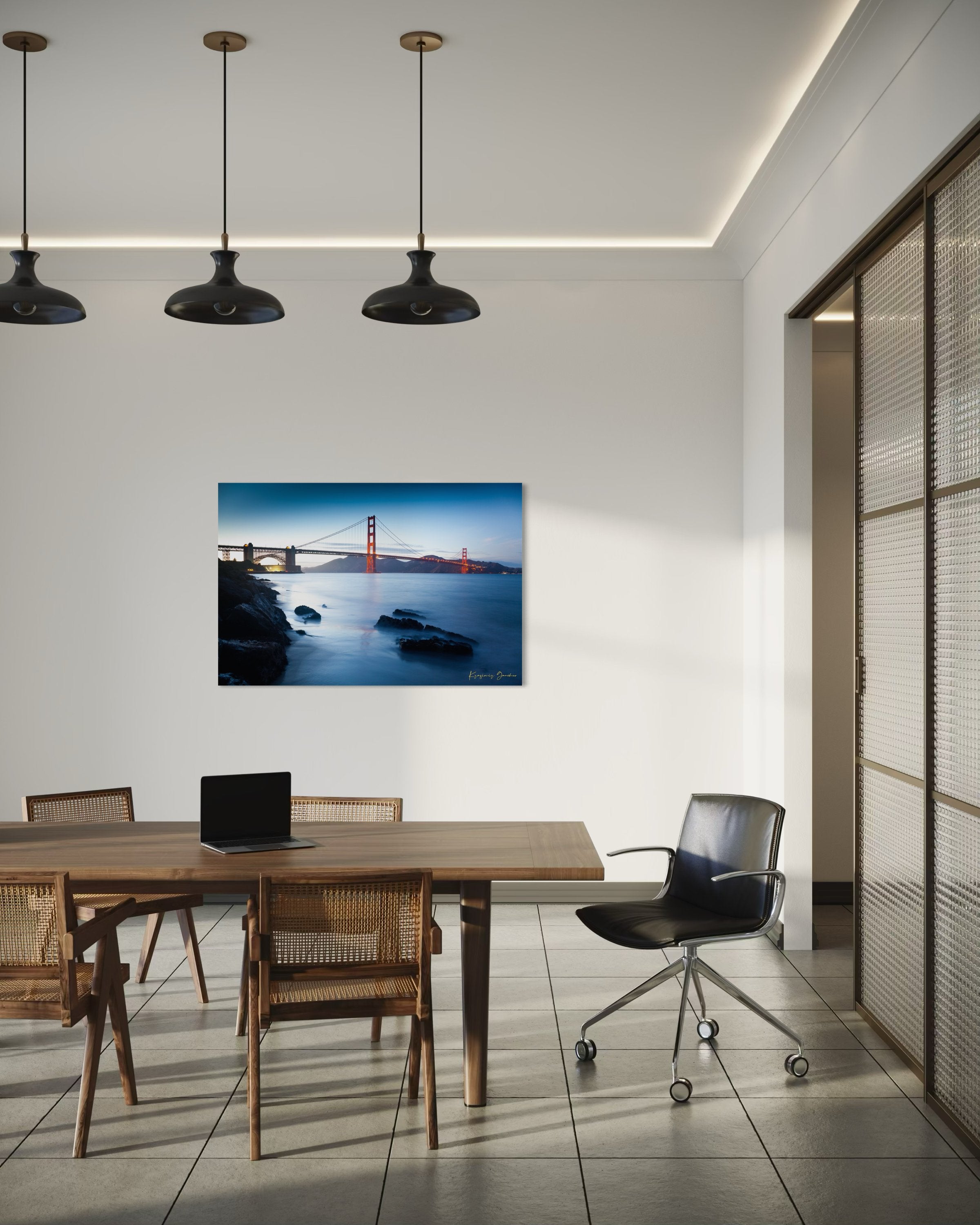 Golden Gate Bridge at dusk overlooking San Francisco Bay with calm water reflecting the sky. #Finish_Acrylic Recess