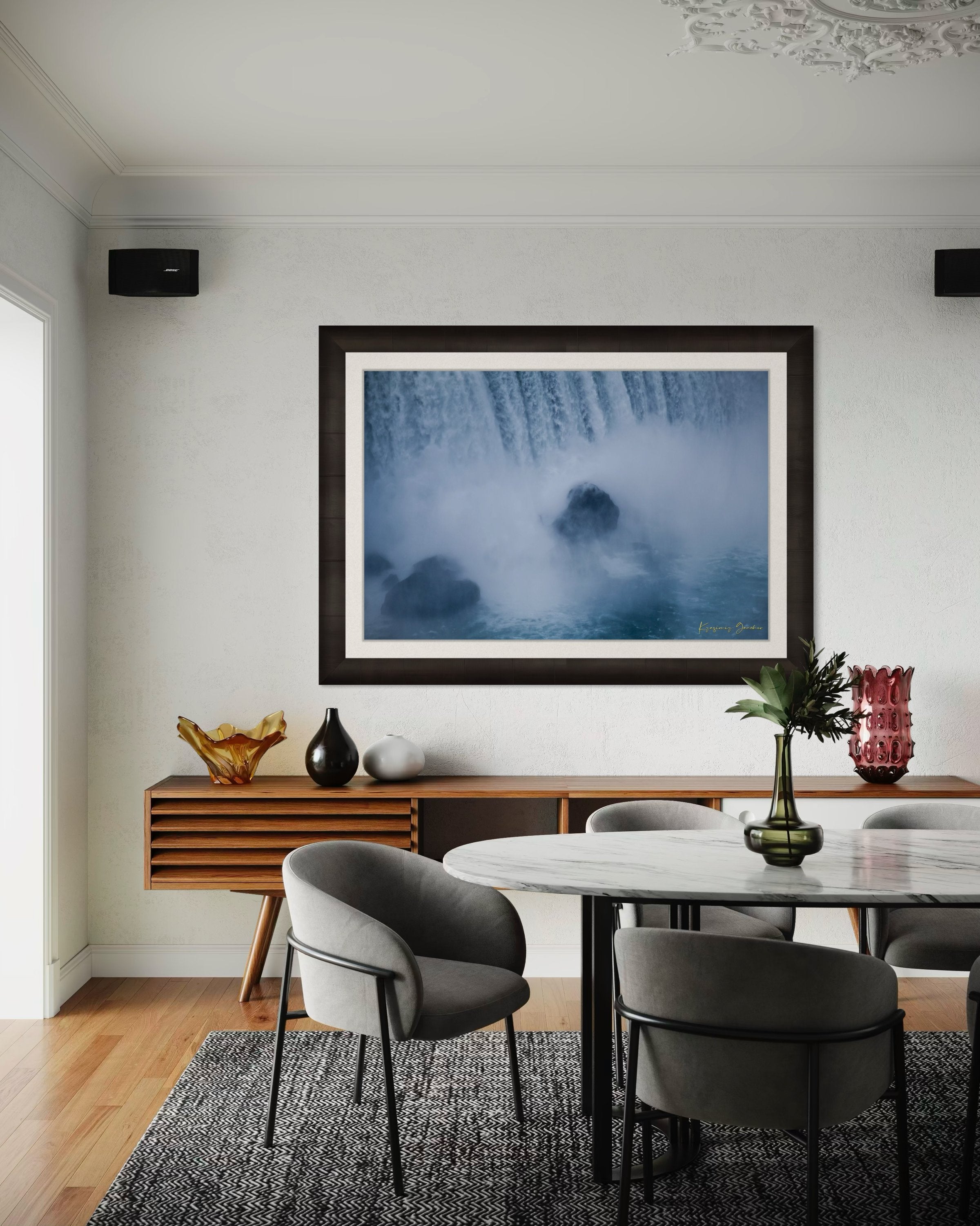 Waterfall at Niagara Falls under daytime light with persistent mist in the air. #Finish_Roma Dark Ash Frame & Bright Liner