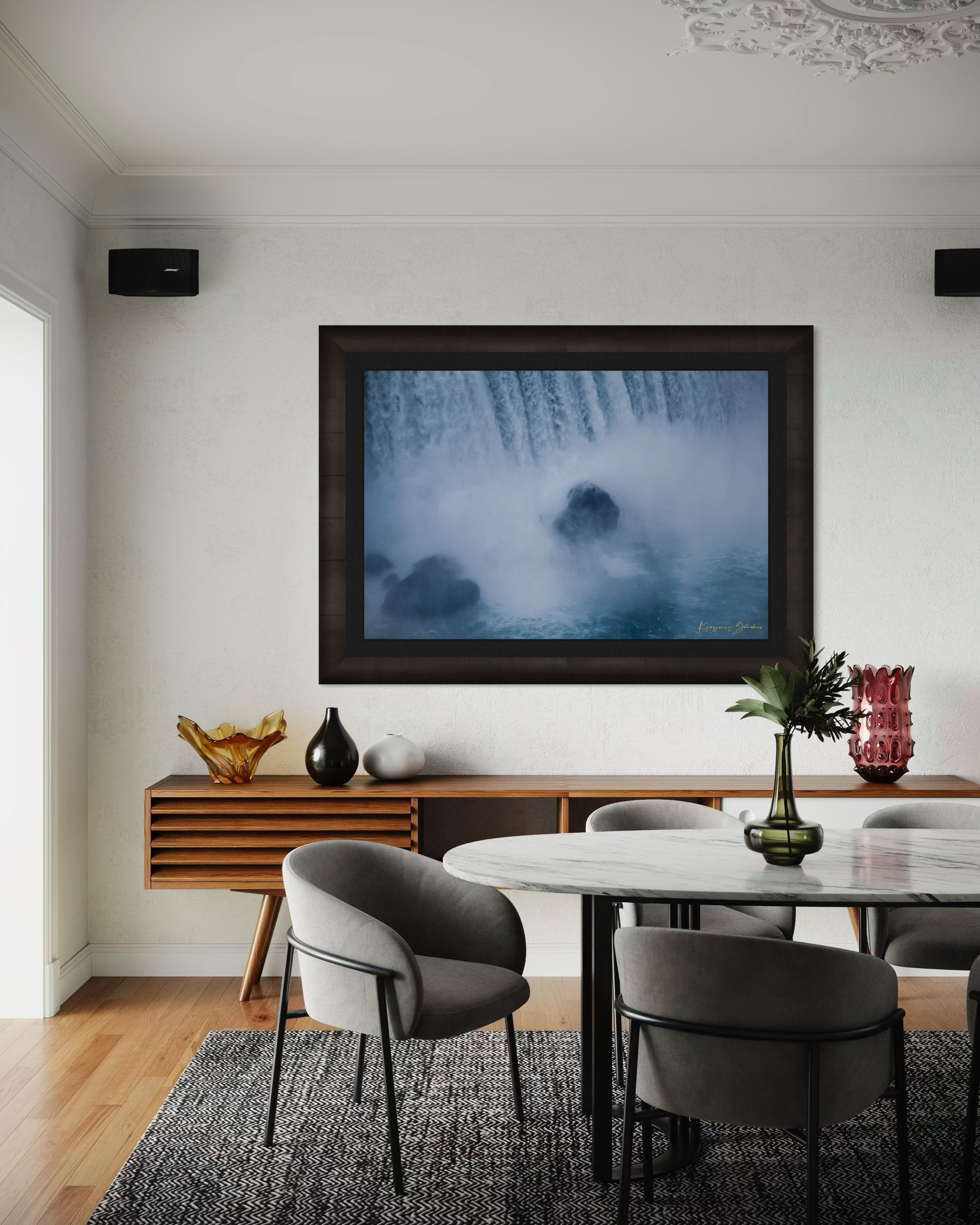 Waterfall at Niagara Falls under daytime light with persistent mist in the air. #Finish_Roma Dark Ash Frame & Dark Liner