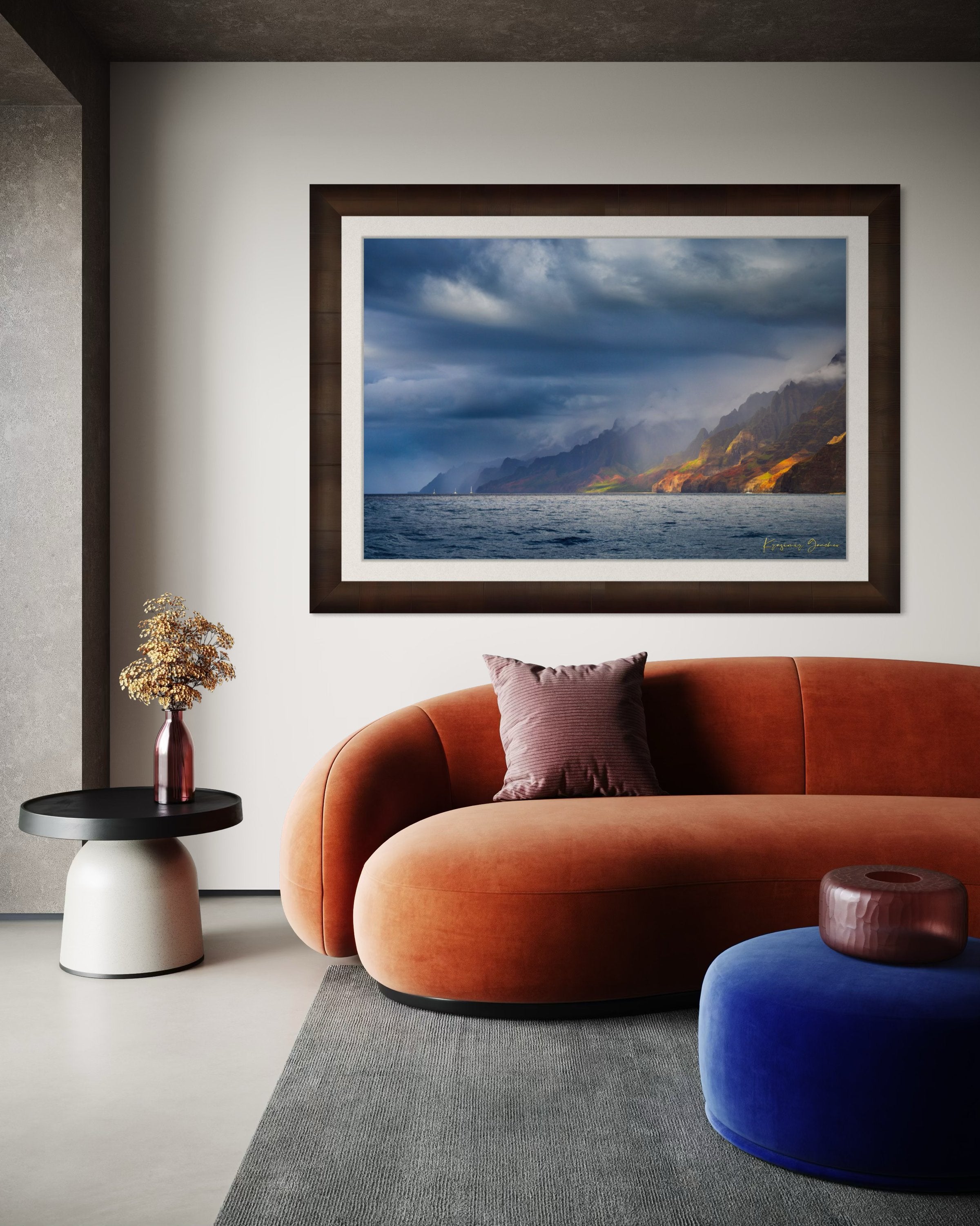 Cliffs and coastal terrain of Napali Coast, Kauai, under daylight with rain showers and cloud cover. #Finish_Roma Cigar Leaf Frame & Bright Liner