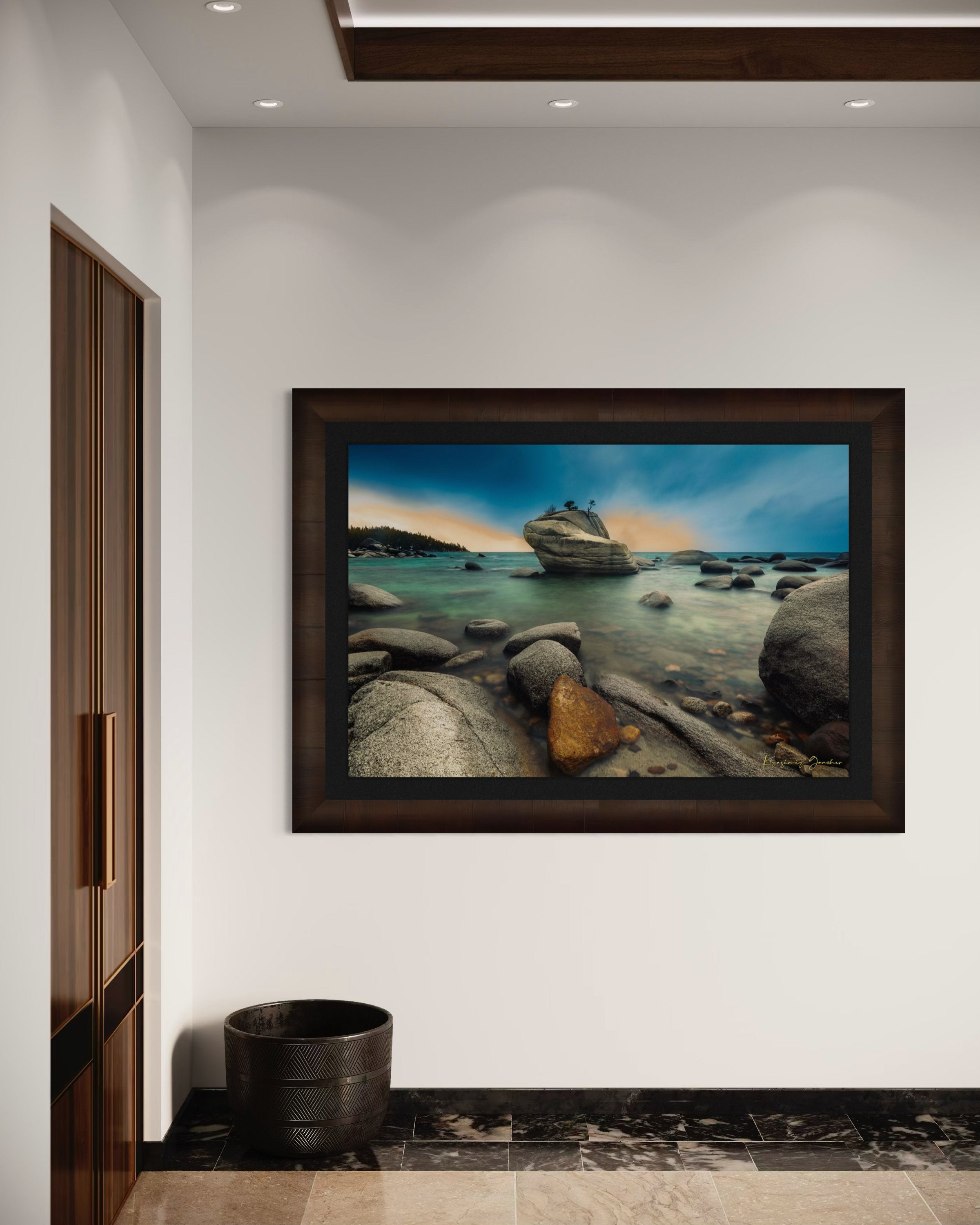 Bonsai Rock formation beside a calm lake in Lake Tahoe during sunset with gentle ripples and clouds. #Finish_Roma Cigar Leaf Frame & Dark Liner