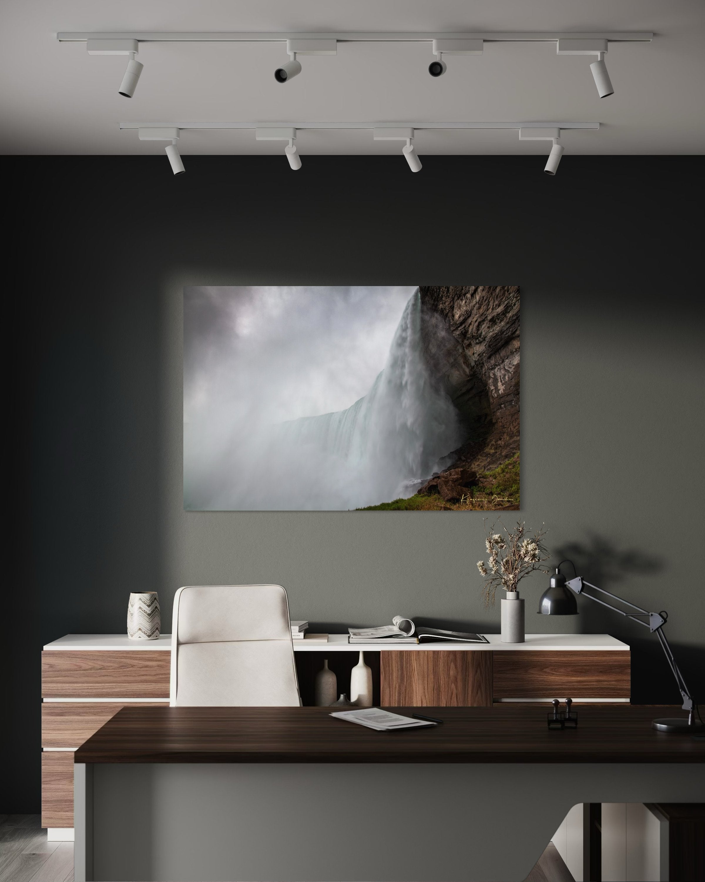 Waterfall descending from cliff edge at Niagara Falls, surrounded by mist and storm clouds. #Finish_Acrylic Recess