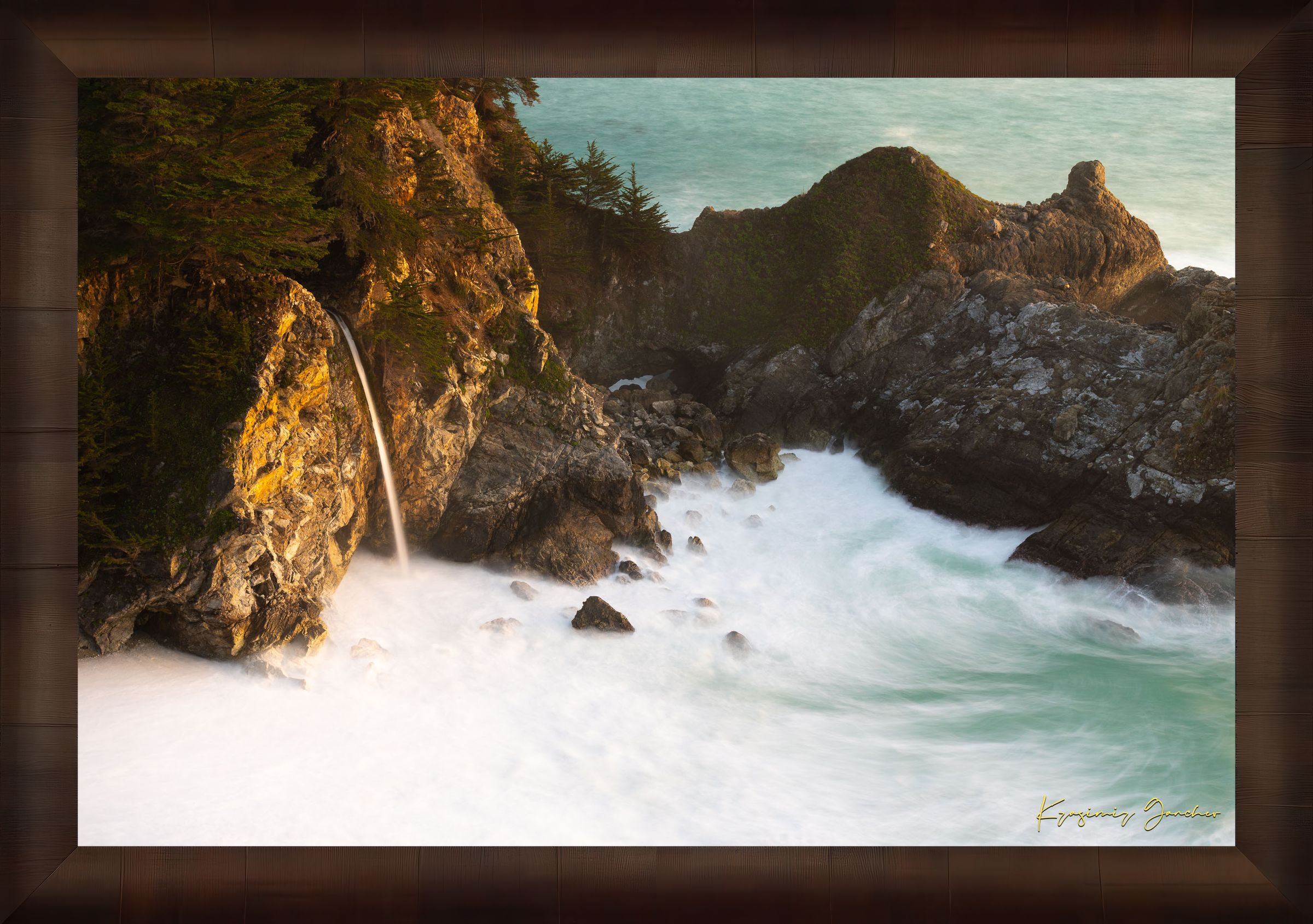 McWay Falls flows from a cliff onto a beach in Big Sur, captured during sunset with the Pacific Ocean visible. #Finish_Roma Cigar Leaf Frame