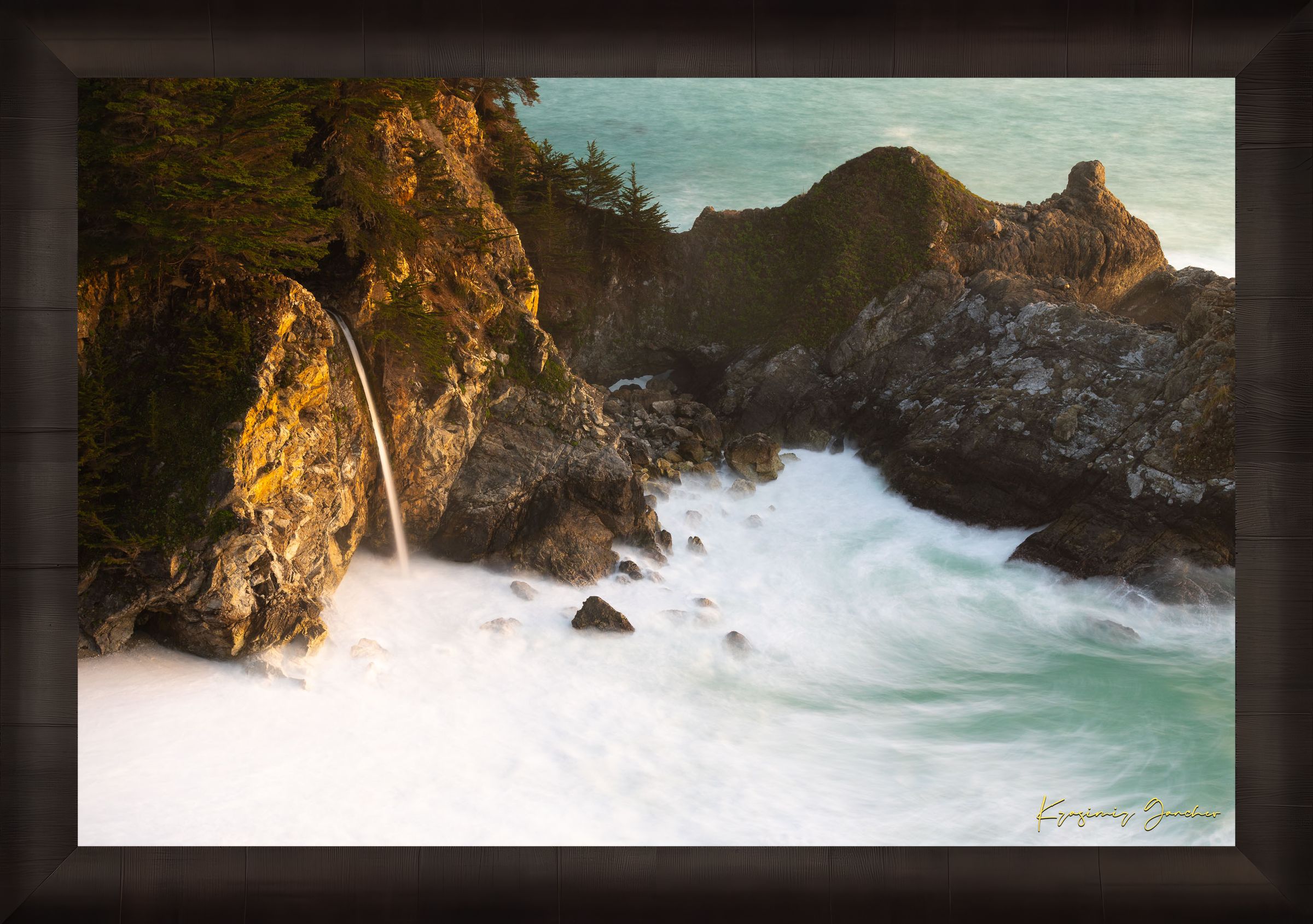 McWay Falls flows from a cliff onto a beach in Big Sur, captured during sunset with the Pacific Ocean visible. #Finish_Roma Dark Ash Frame