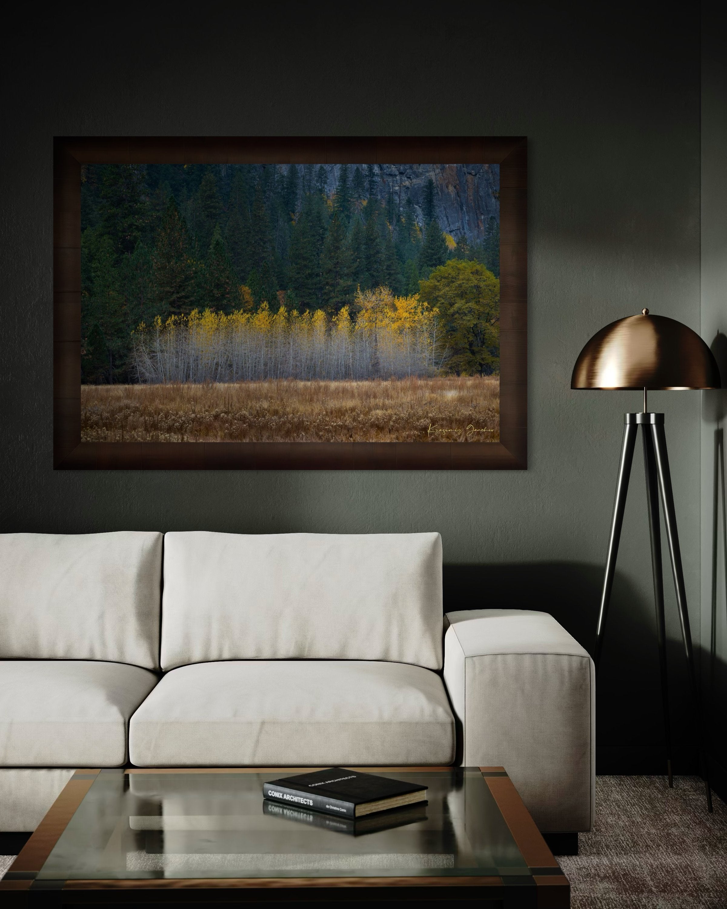 Yosemite Valley landscape with golden-hued trees under clear skies during daytime. #Finish_Roma Cigar Leaf Frame