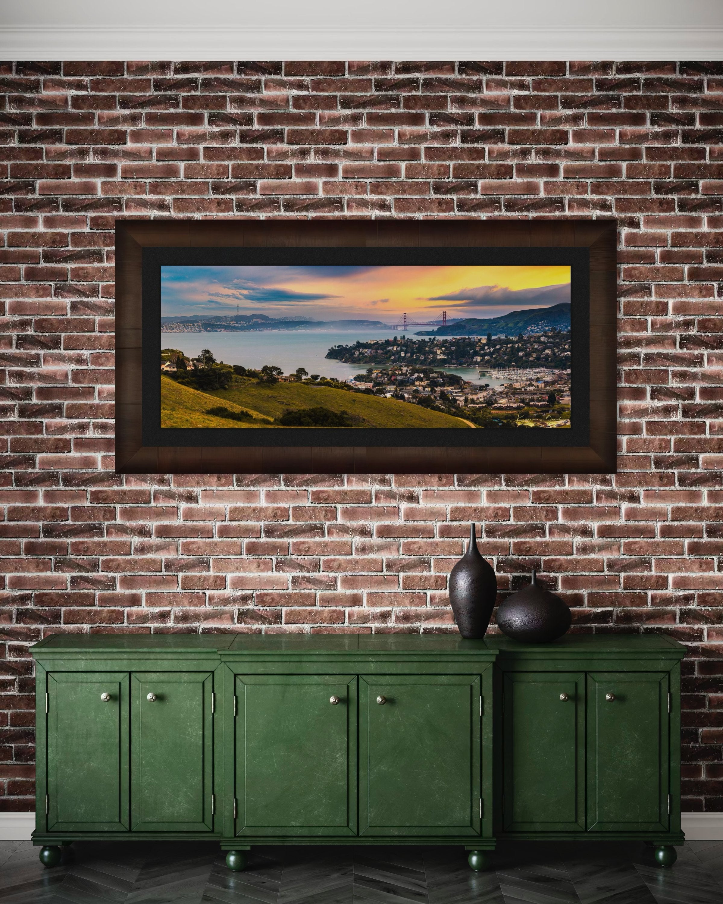 Golden Gate Bridge illuminated at sunset above the San Francisco Bay, showing light trails and cloudy skies with Tiburon in foreground. #Finish_Roma Cigar Leaf Frame & Dark Liner