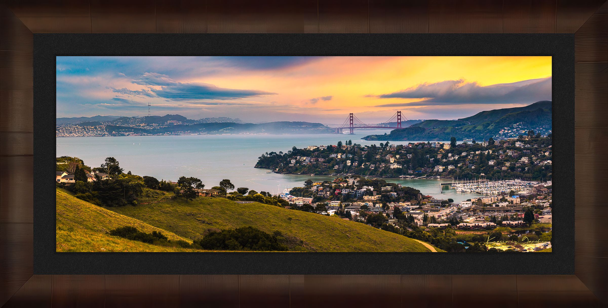 Golden Gate Bridge illuminated at sunset above the San Francisco Bay, showing light trails and cloudy skies with Tiburon in foreground. #Finish_Roma Cigar Leaf Frame & Dark Liner