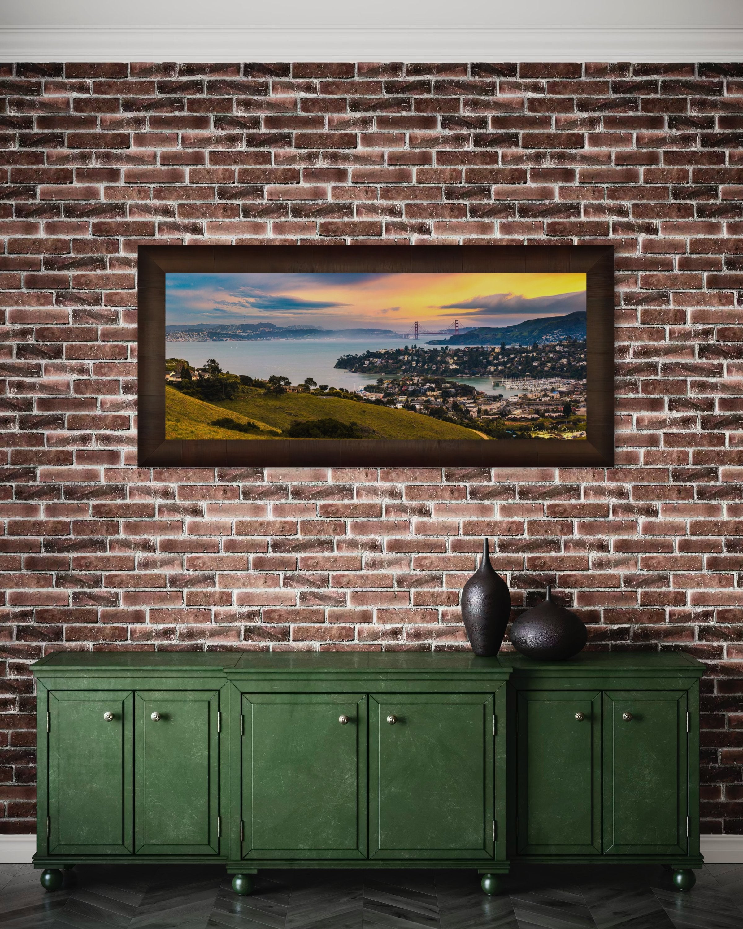 Golden Gate Bridge illuminated at sunset above the San Francisco Bay, showing light trails and cloudy skies with Tiburon in foreground. #Finish_Roma Cigar Leaf Frame