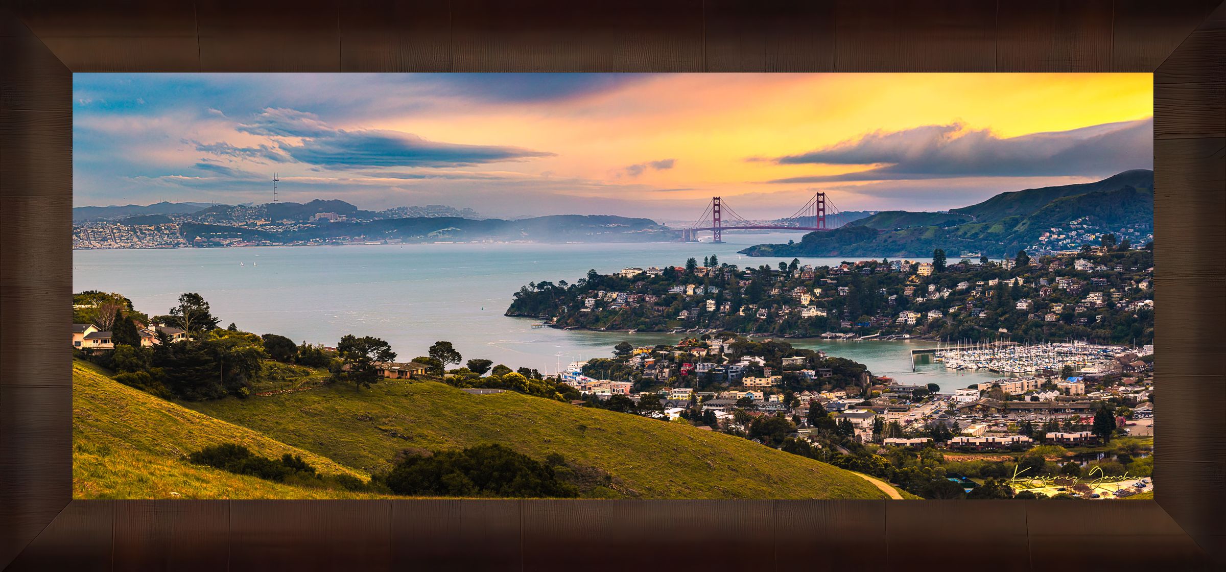 Golden Gate Bridge illuminated at sunset above the San Francisco Bay, showing light trails and cloudy skies with Tiburon in foreground. #Finish_Roma Cigar Leaf Frame