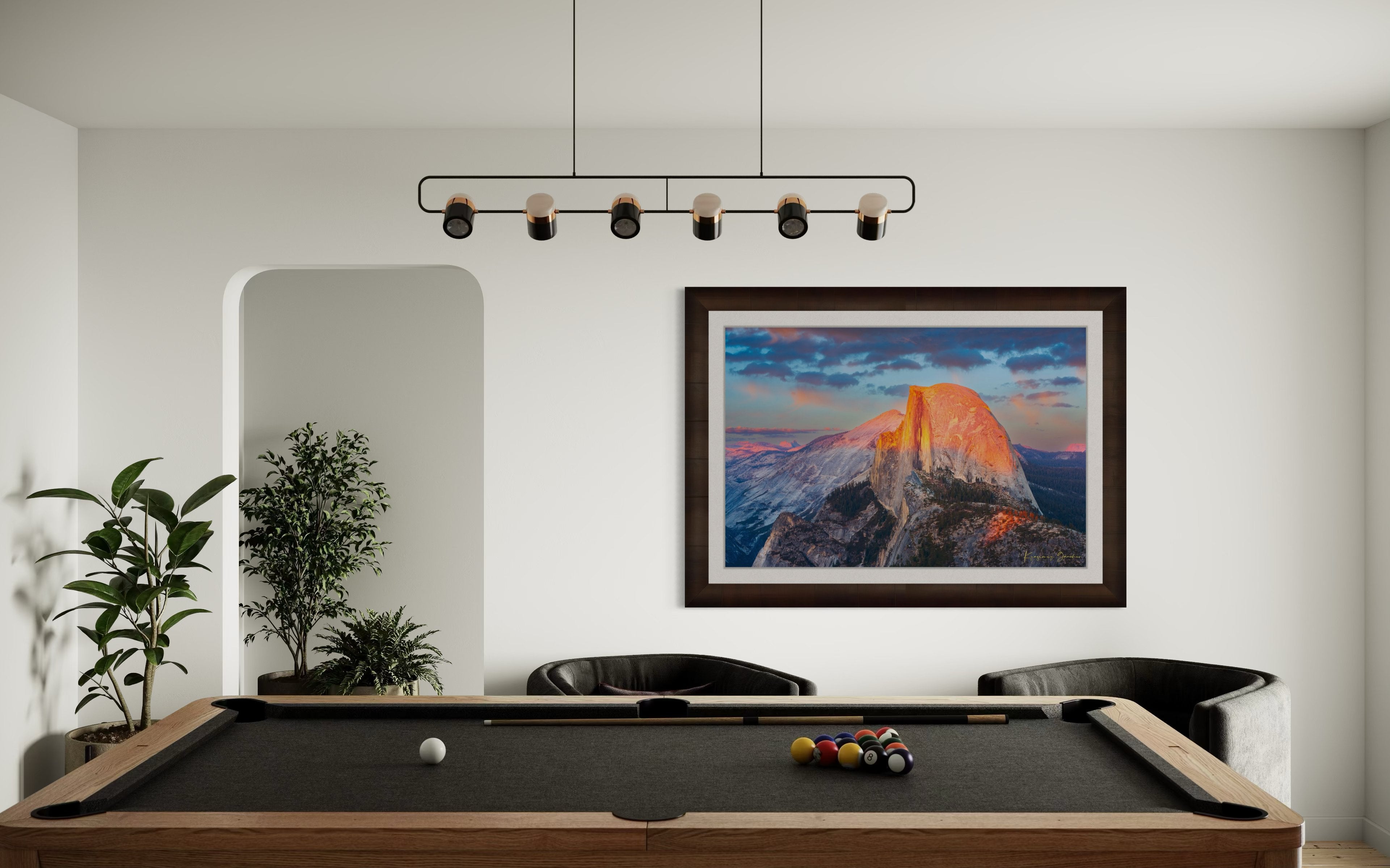 Monolith of Half Dome in Yosemite National Park illuminated by sunset light amid scattered clouds. #Finish_Roma Cigar Leaf Frame & Bright Liner