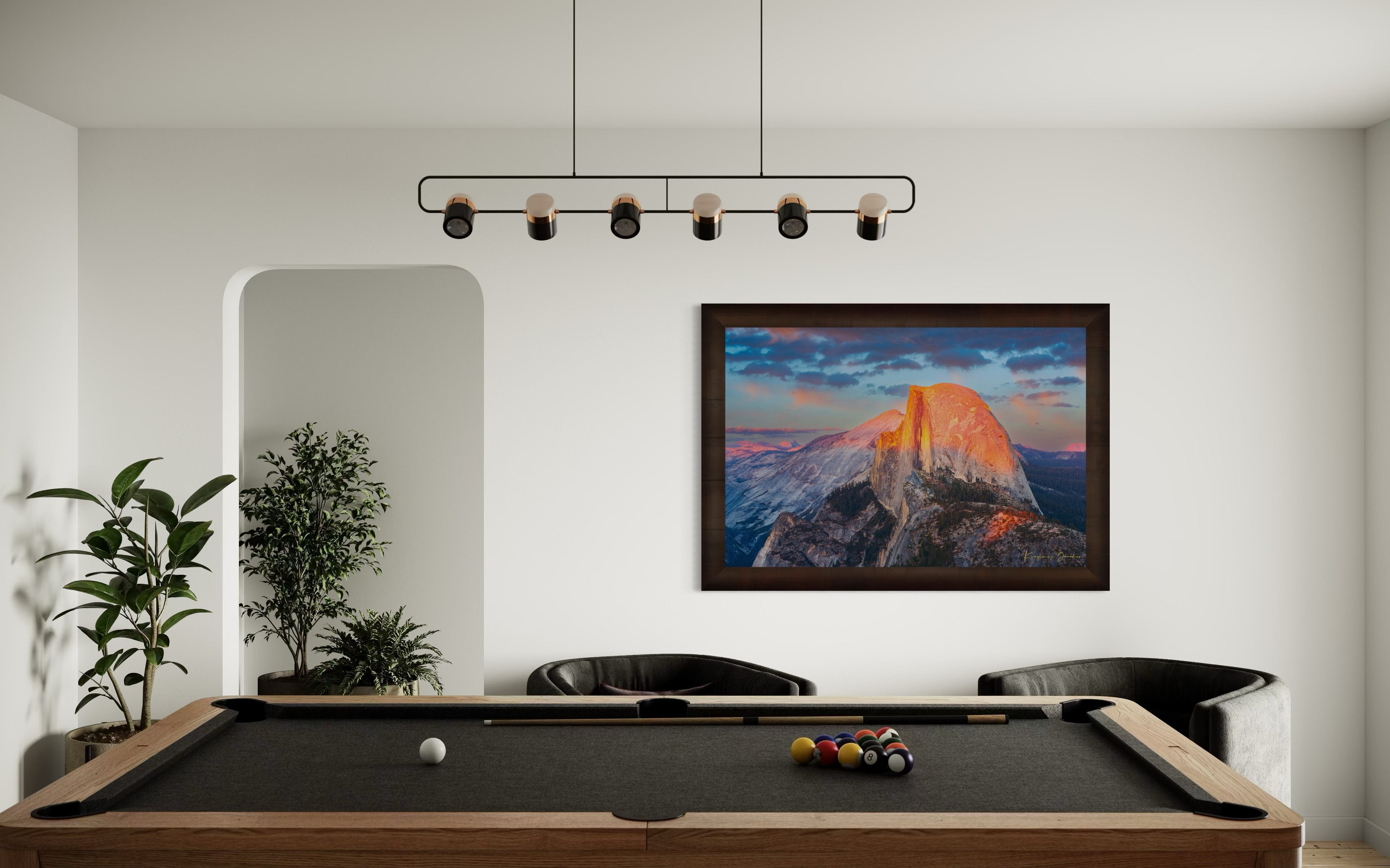 Monolith of Half Dome in Yosemite National Park illuminated by sunset light amid scattered clouds. #Finish_Roma Cigar Leaf Frame