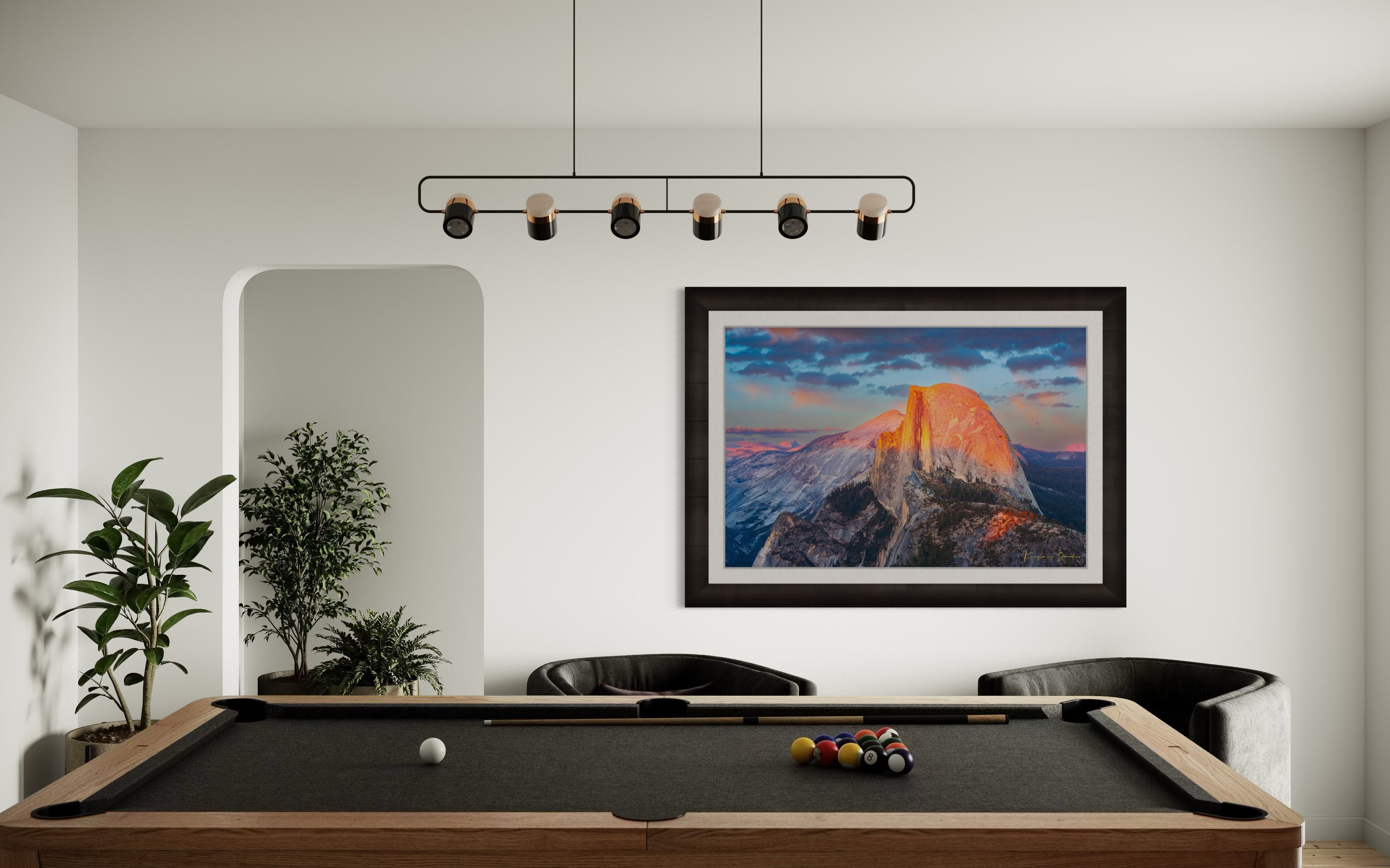 Monolith of Half Dome in Yosemite National Park illuminated by sunset light amid scattered clouds. #Finish_Roma Dark Ash Frame & Bright Liner
