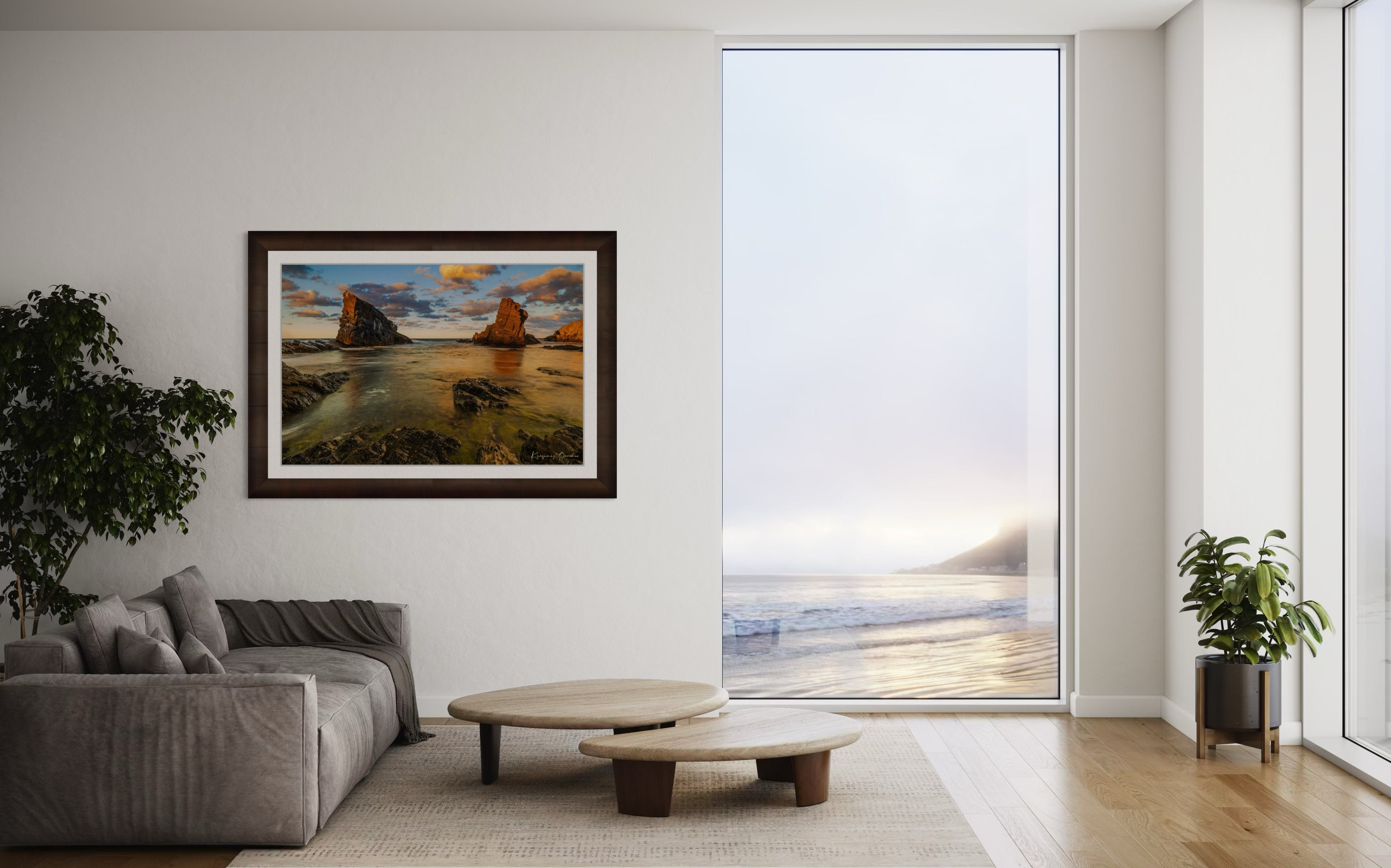 The Stone Ships boulders and sea stacks at Sinemorets, Bulgaria, illuminated by golden sunset light reflecting on calm sea waters. #Finish_Roma Cigar Leaf Frame & Bright Liner