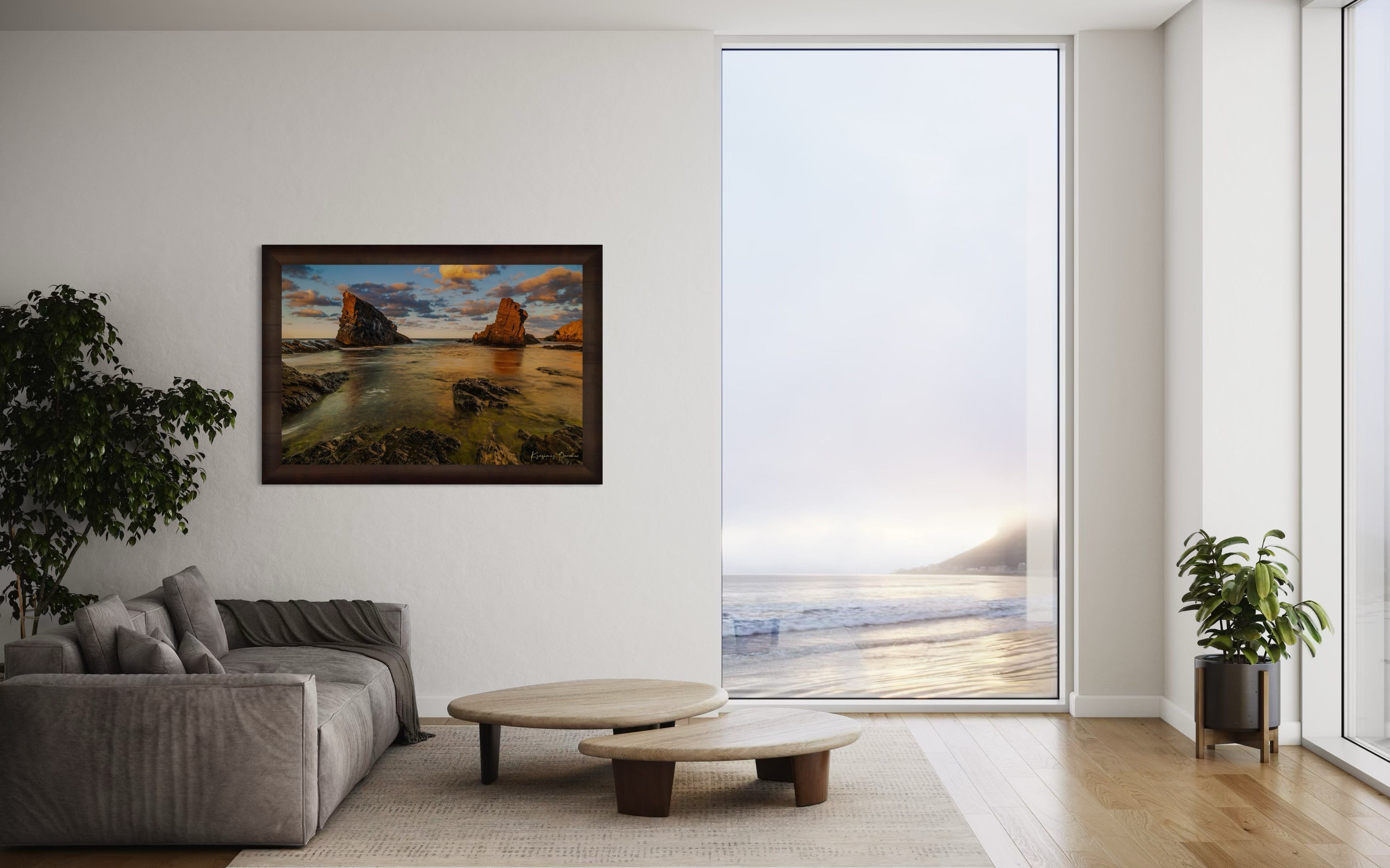 The Stone Ships boulders and sea stacks at Sinemorets, Bulgaria, illuminated by golden sunset light reflecting on calm sea waters. #Finish_Roma Cigar Leaf Frame