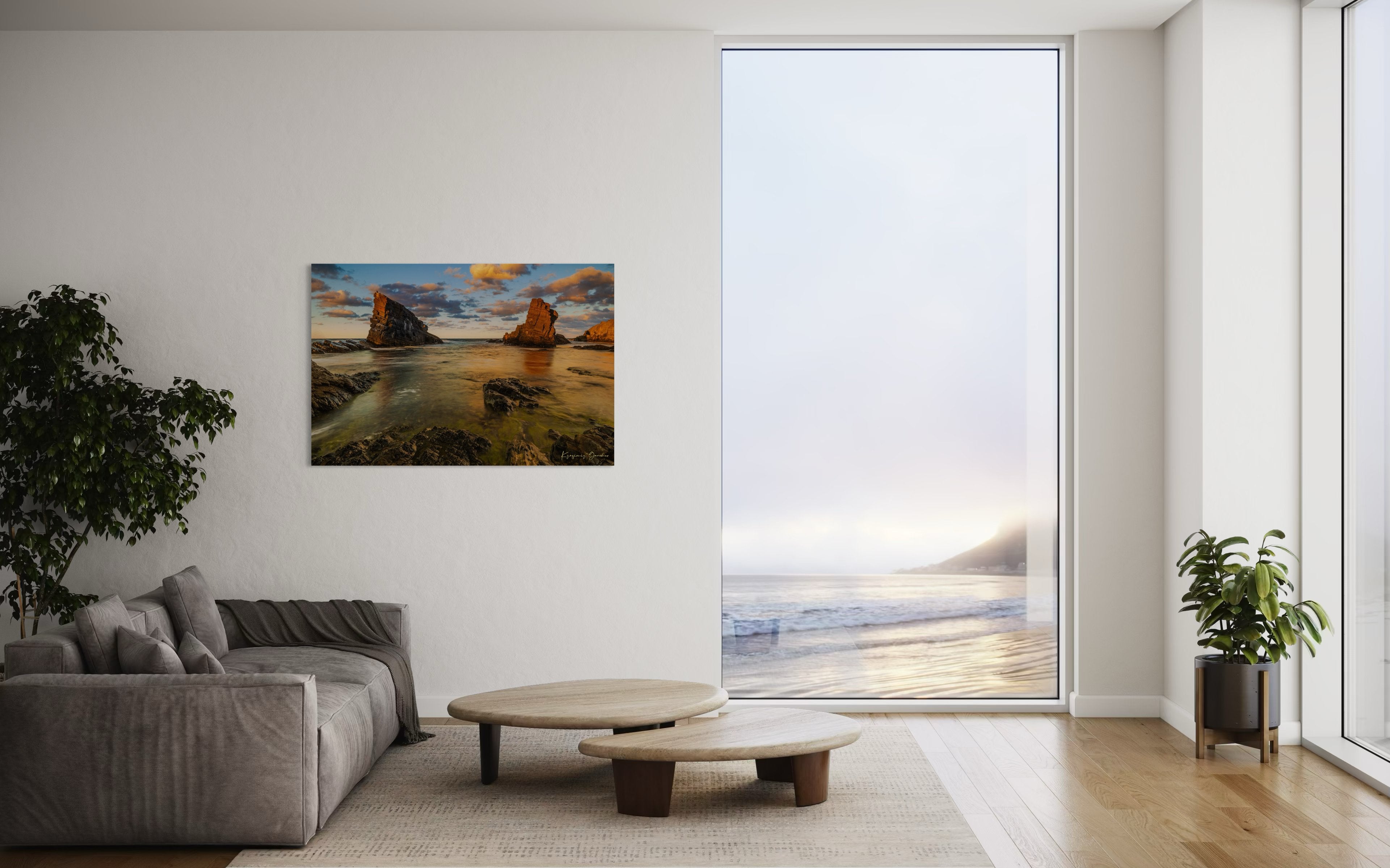 The Stone Ships boulders and sea stacks at Sinemorets, Bulgaria, illuminated by golden sunset light reflecting on calm sea waters. #Finish_Acrylic Recess