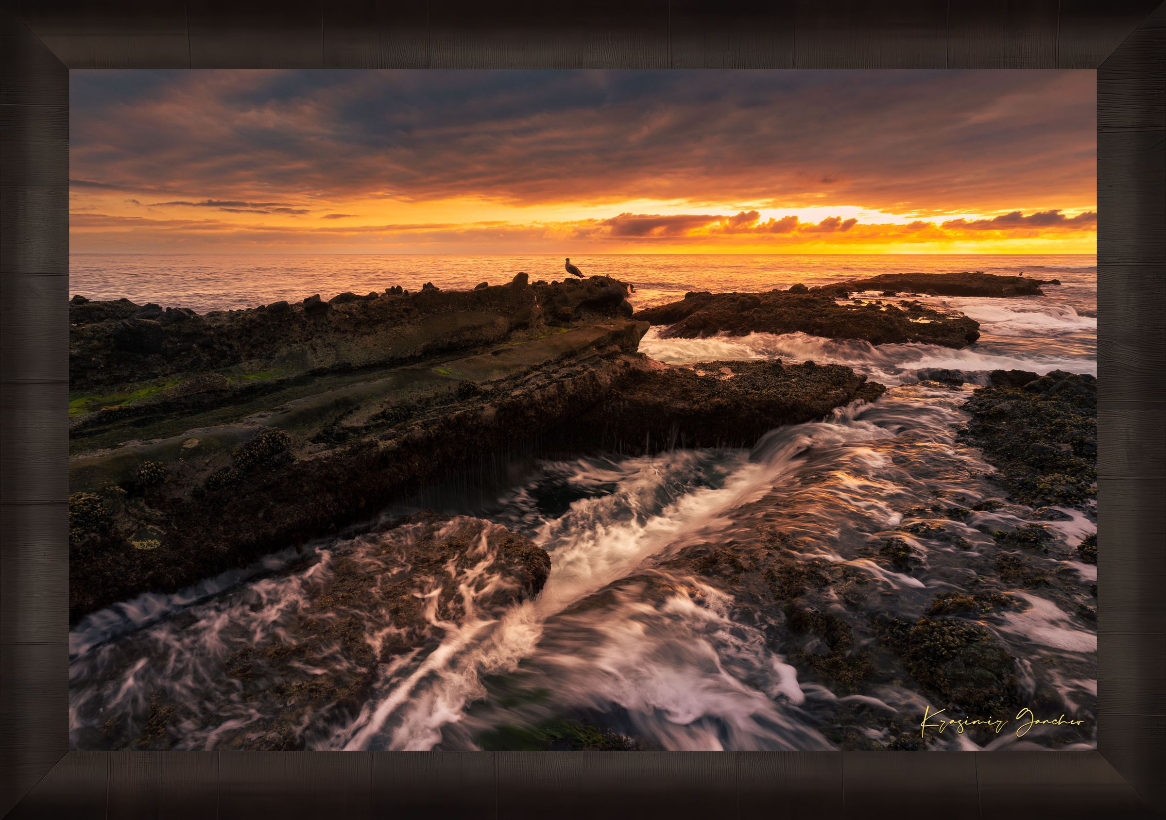 Ocean view at Woods Cove, Laguna Beach during sunset showing wave motion on coastal tide flats under a clouded sky. #Finish_Roma Dark Ash Frame