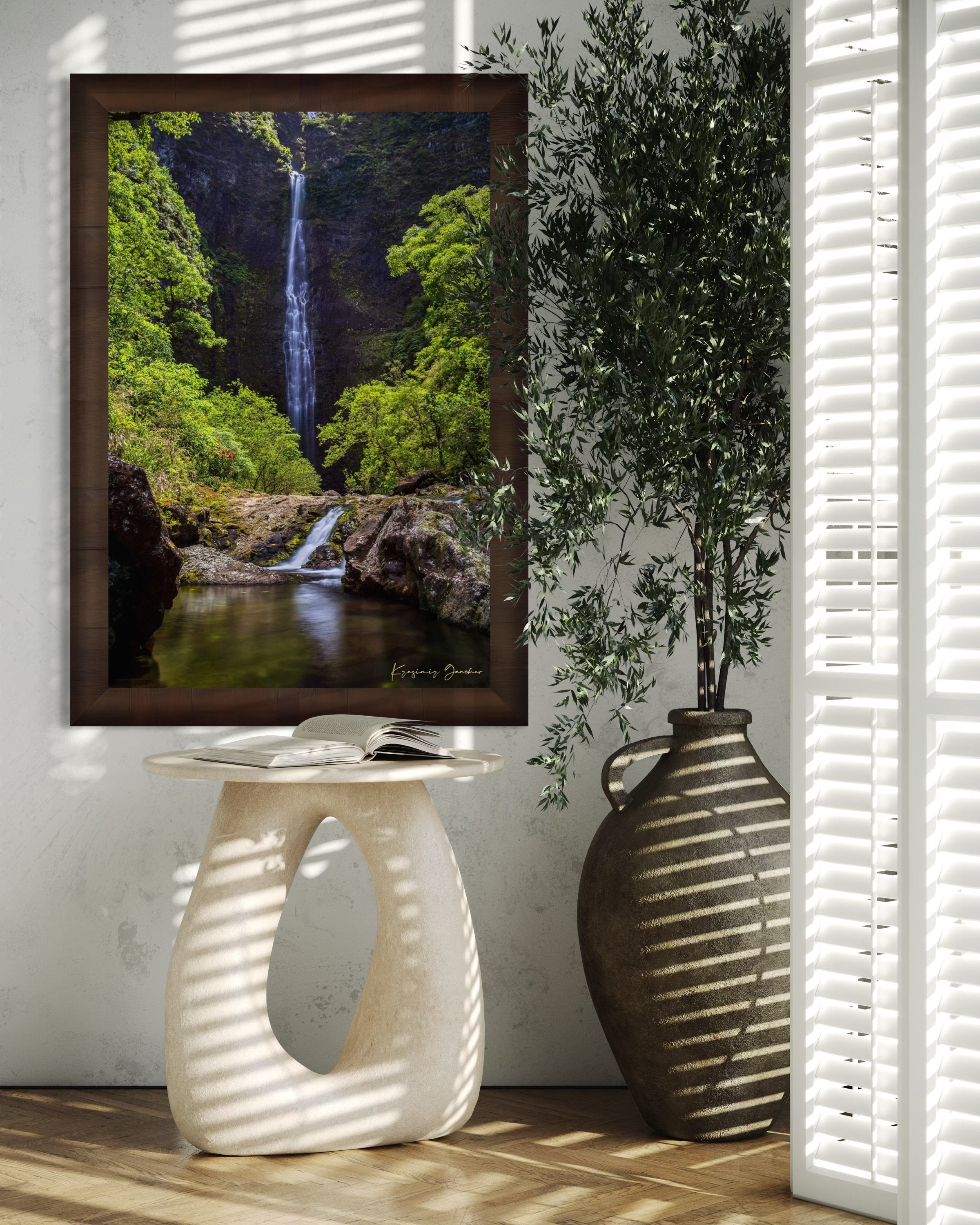 Small waterfall veiled in mist beneath dense foliage at Hanakapiai Falls, Kauai, lit by daylight. #Finish_Roma Cigar Leaf Frame