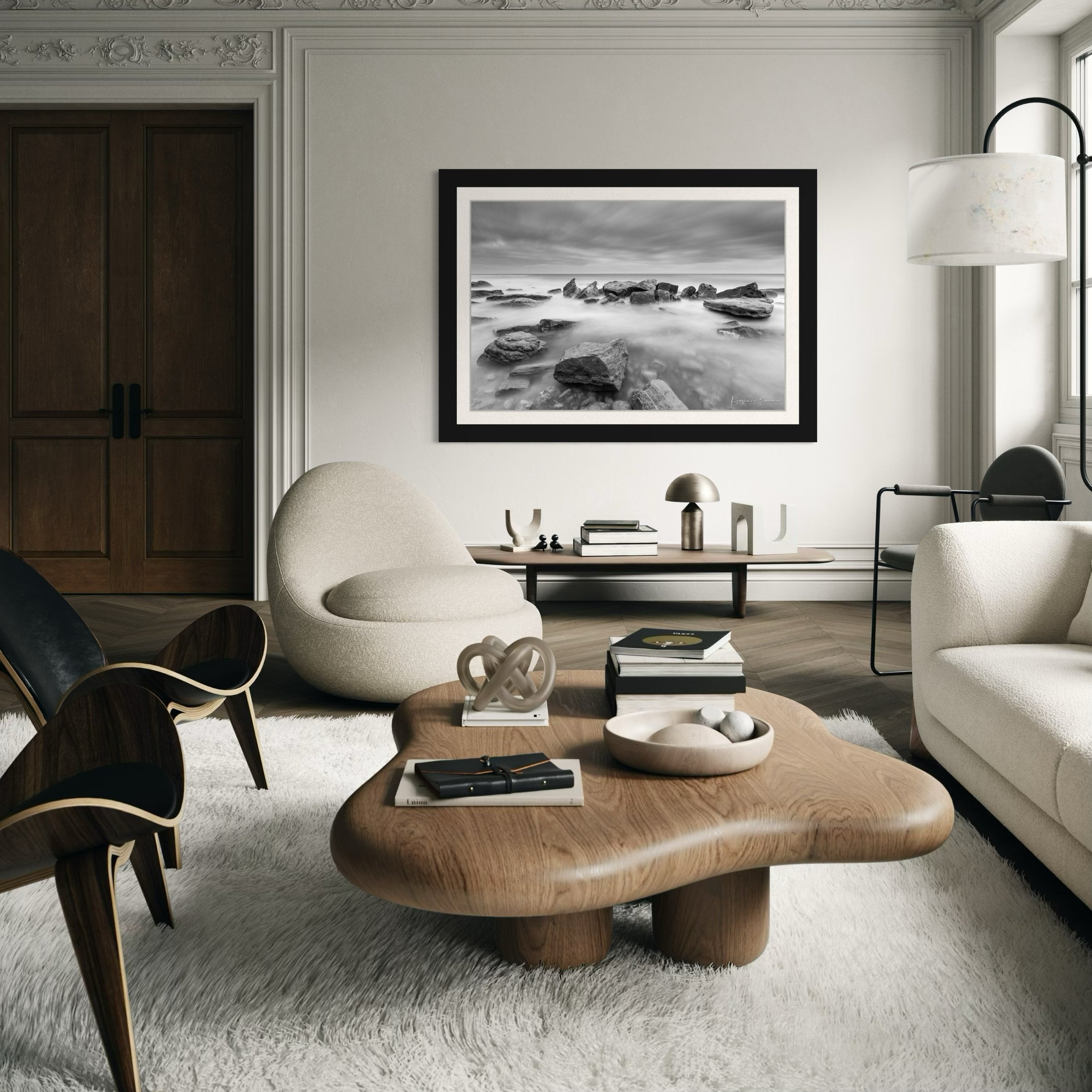 Coastal rock and sand landscape at Fichoza, Bulgaria captured in monochrome during daylight under cloudy skies. #Finish_Roma Satin Black Frame & Bright Liner