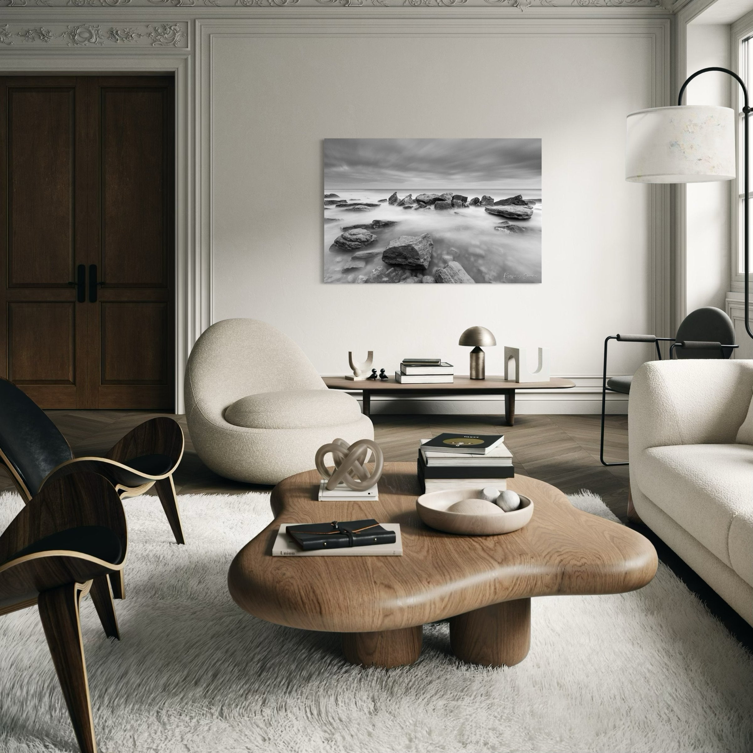 Coastal rock and sand landscape at Fichoza, Bulgaria captured in monochrome during daylight under cloudy skies. #Finish_Acrylic Recess