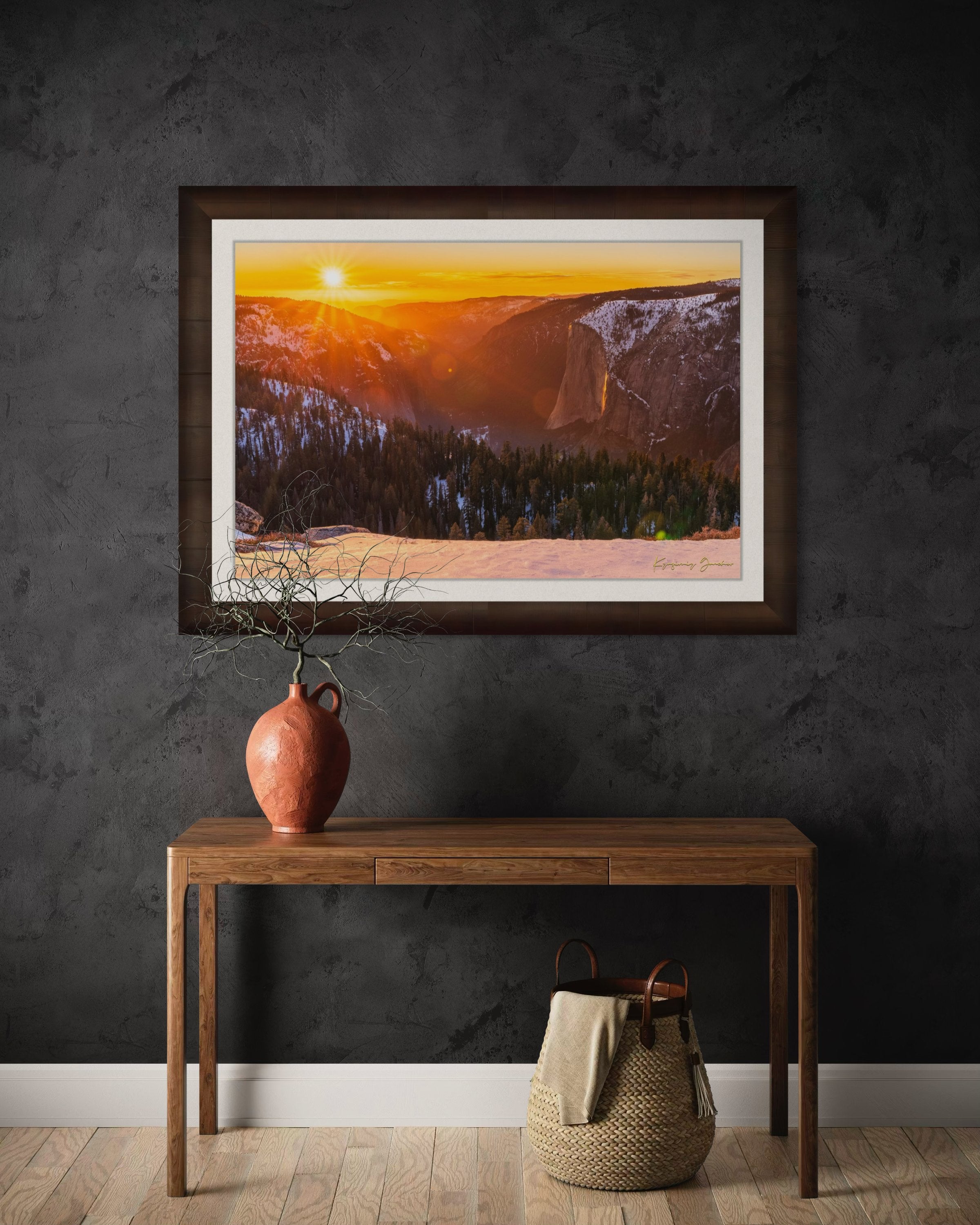 El Capitan monolith in Yosemite National Park illuminated by sunset light, firefall phenomenon visible on Horsetail Fall. #Finish_Roma Cigar Leaf Frame & Bright Liner