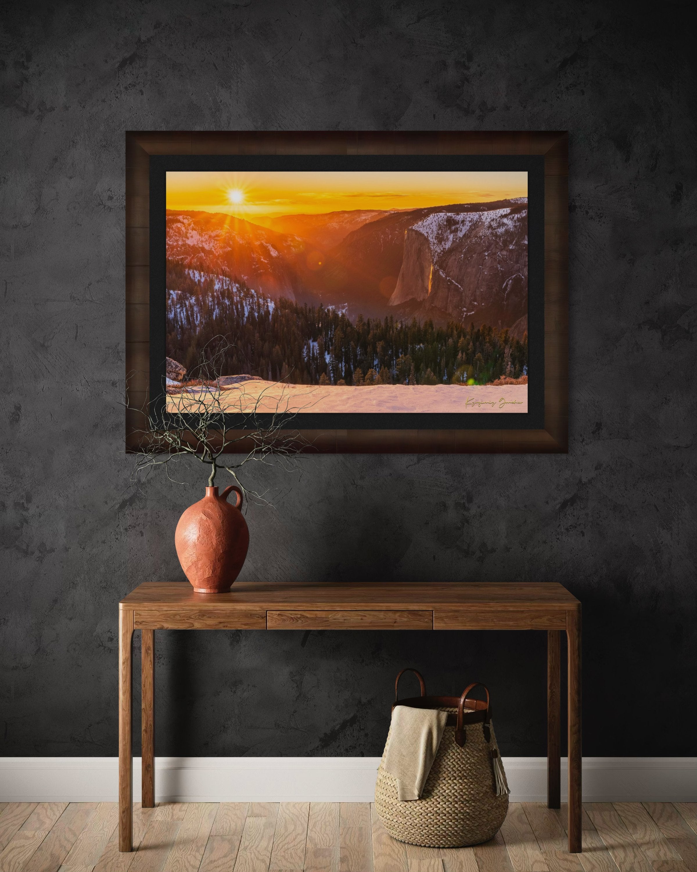 El Capitan monolith in Yosemite National Park illuminated by sunset light, firefall phenomenon visible on Horsetail Fall. #Finish_Roma Cigar Leaf Frame & Dark Liner