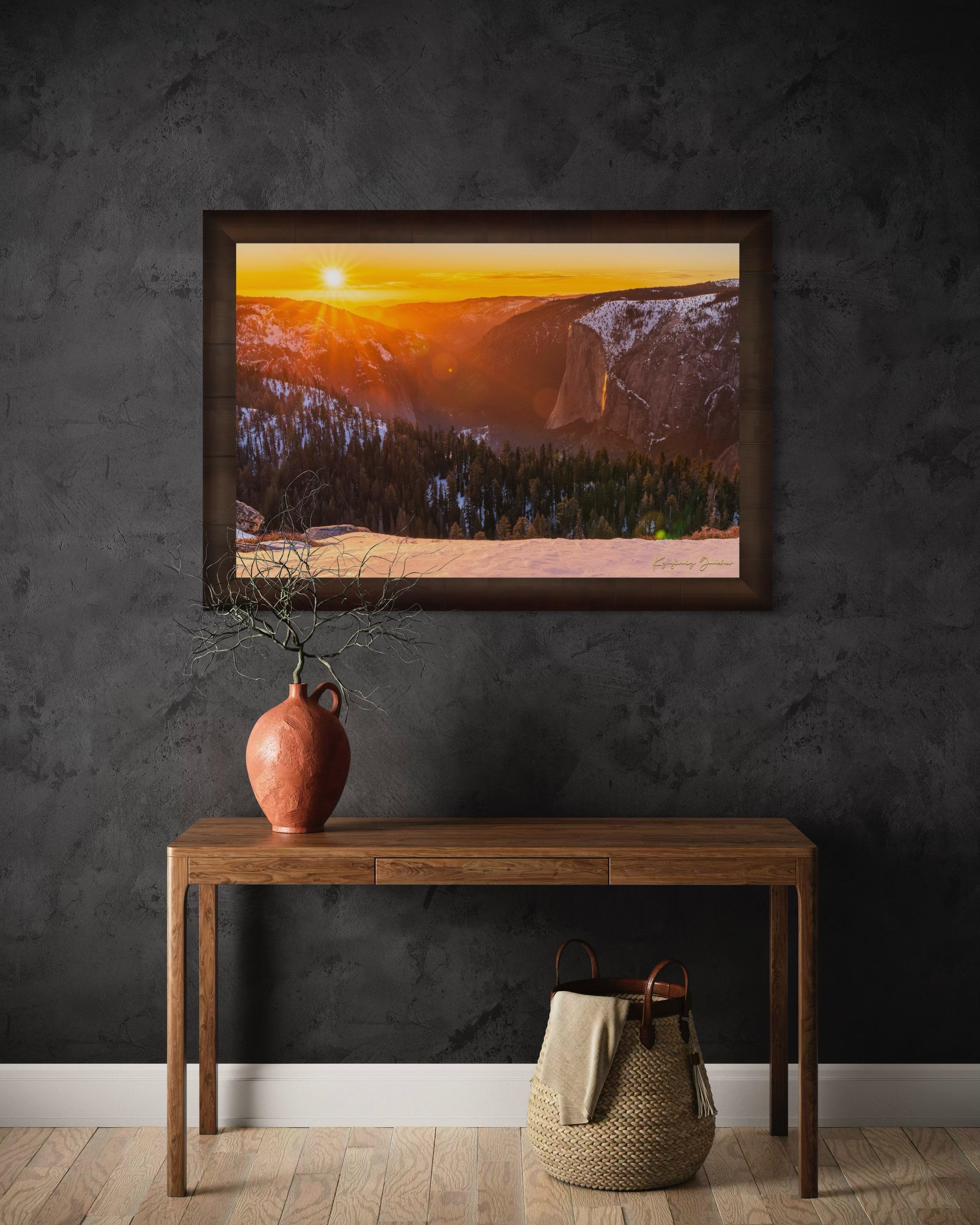 El Capitan monolith in Yosemite National Park illuminated by sunset light, firefall phenomenon visible on Horsetail Fall. #Finish_Roma Cigar Leaf Frame