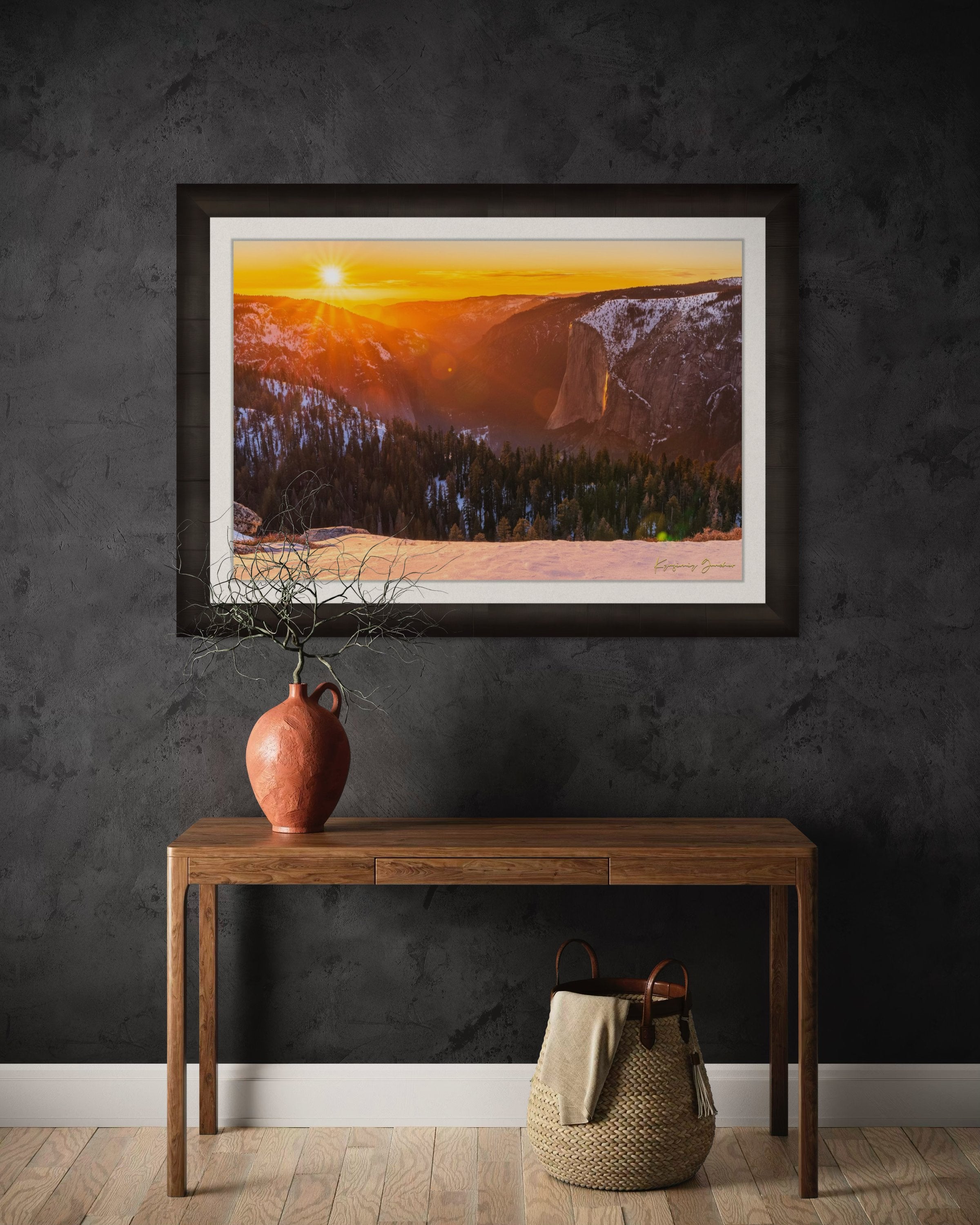 El Capitan monolith in Yosemite National Park illuminated by sunset light, firefall phenomenon visible on Horsetail Fall. #Finish_Roma Dark Ash Frame & Bright Liner