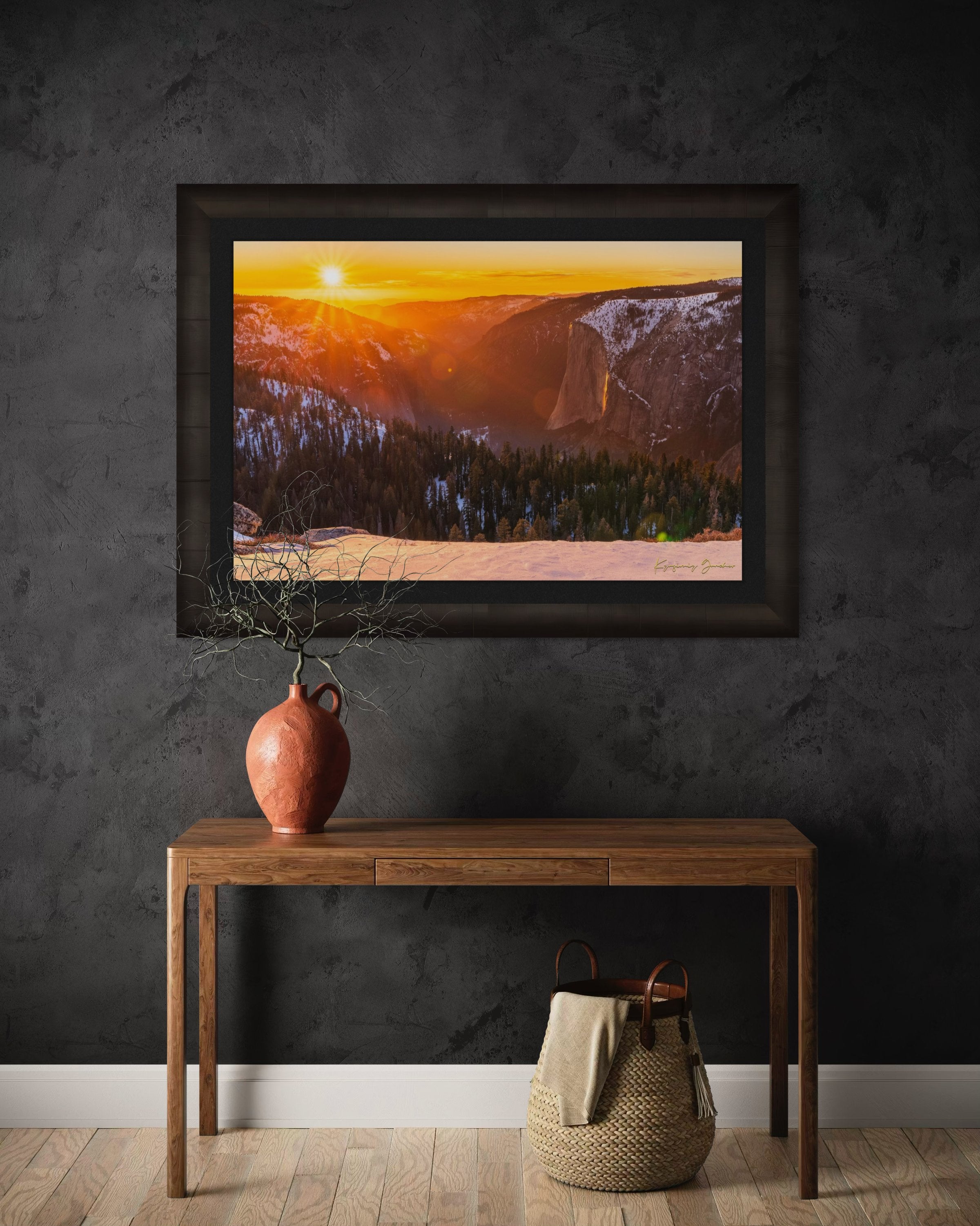 El Capitan monolith in Yosemite National Park illuminated by sunset light, firefall phenomenon visible on Horsetail Fall. #Finish_Roma Dark Ash Frame & Dark Liner