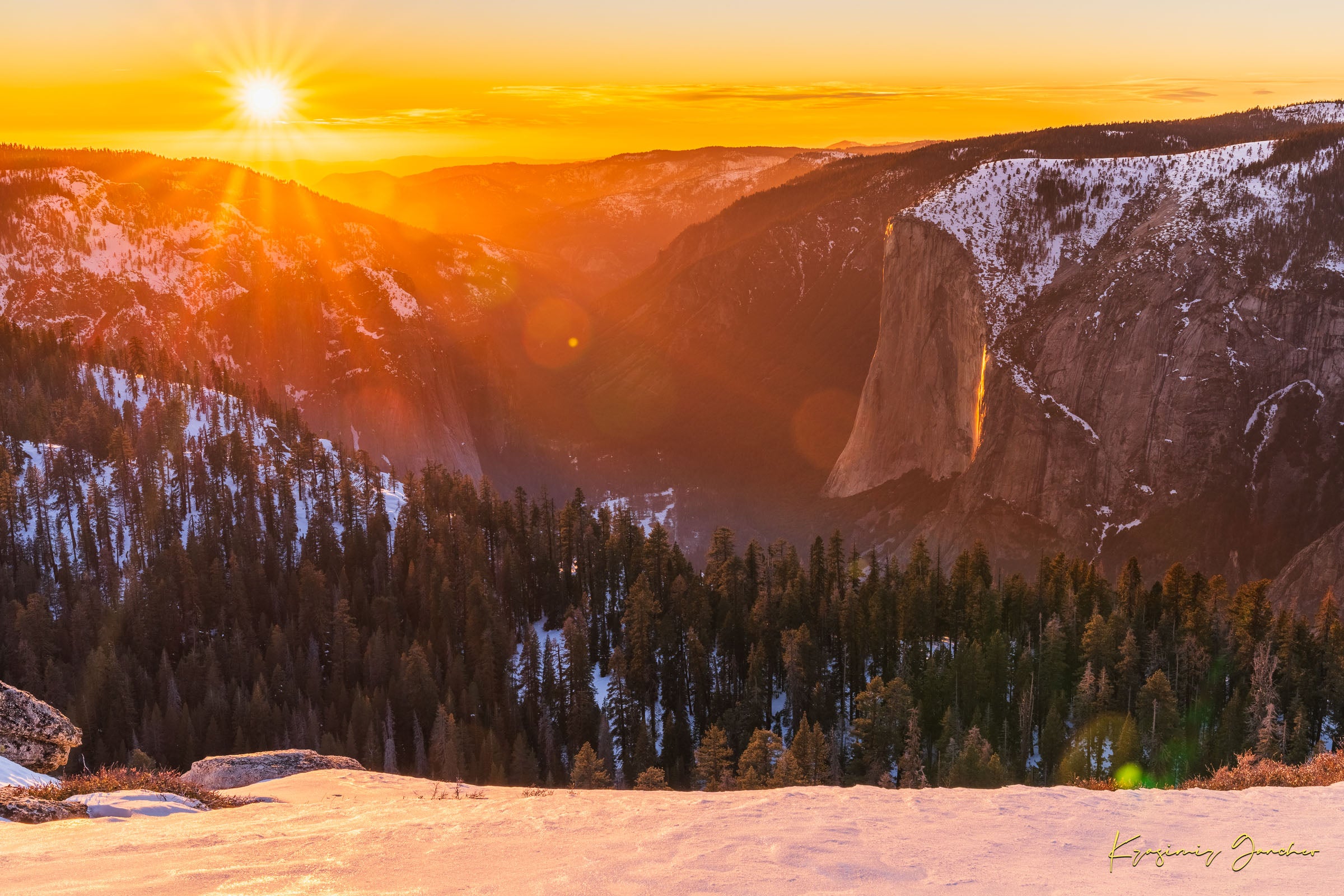 El Capitan monolith in Yosemite National Park illuminated by sunset light, firefall phenomenon visible on Horsetail Fall. #Finish_Acrylic Recess
