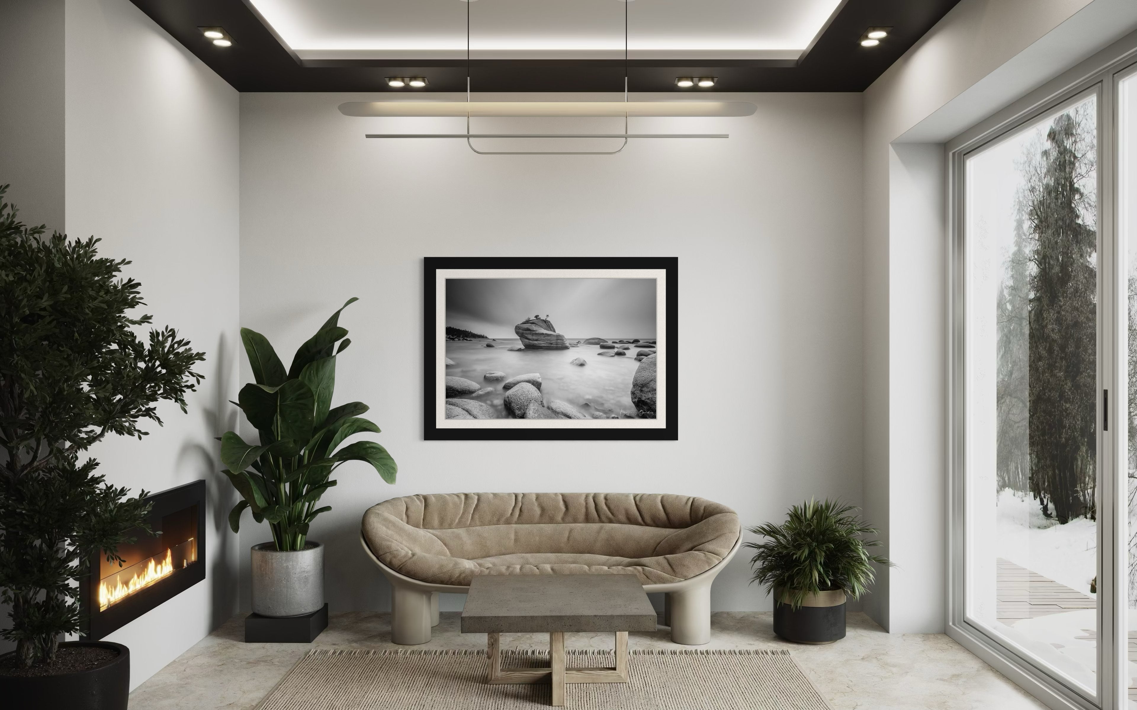 Large boulder named Bonsai Rock in Lake Tahoe surrounded by still, reflective waters under daytime light. #Finish_Roma Satin Black Frame & Bright Liner