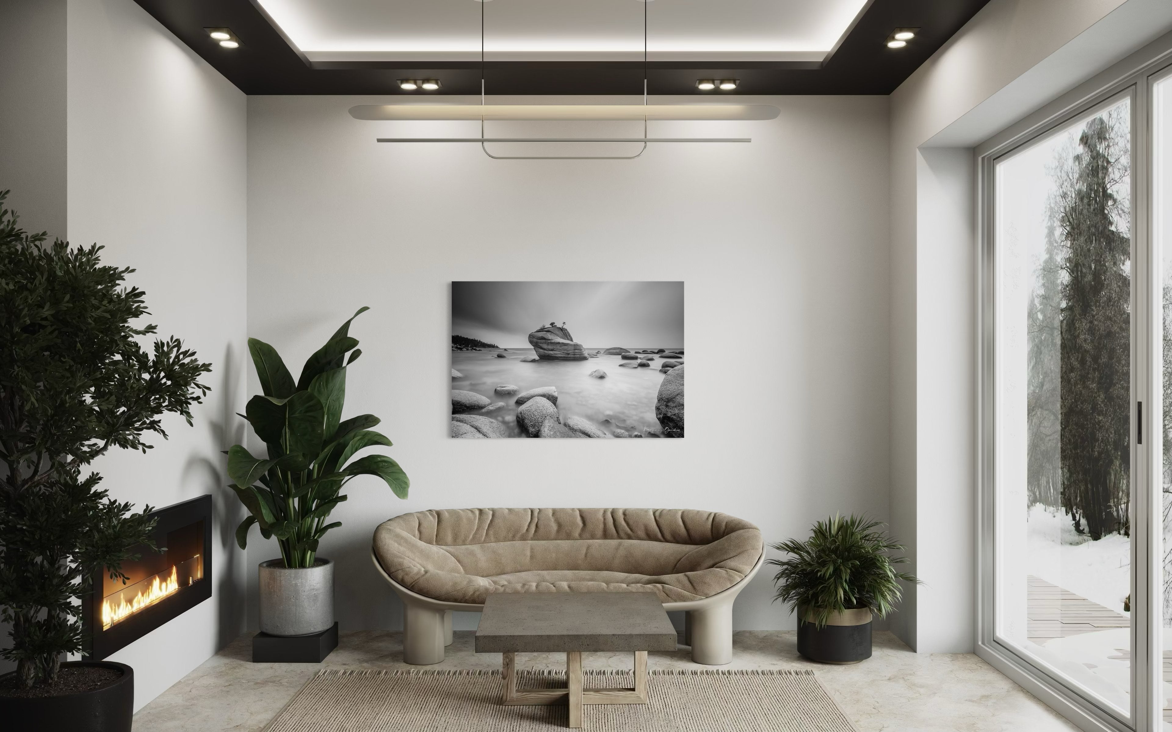 Large boulder named Bonsai Rock in Lake Tahoe surrounded by still, reflective waters under daytime light. #Finish_Acrylic Recess