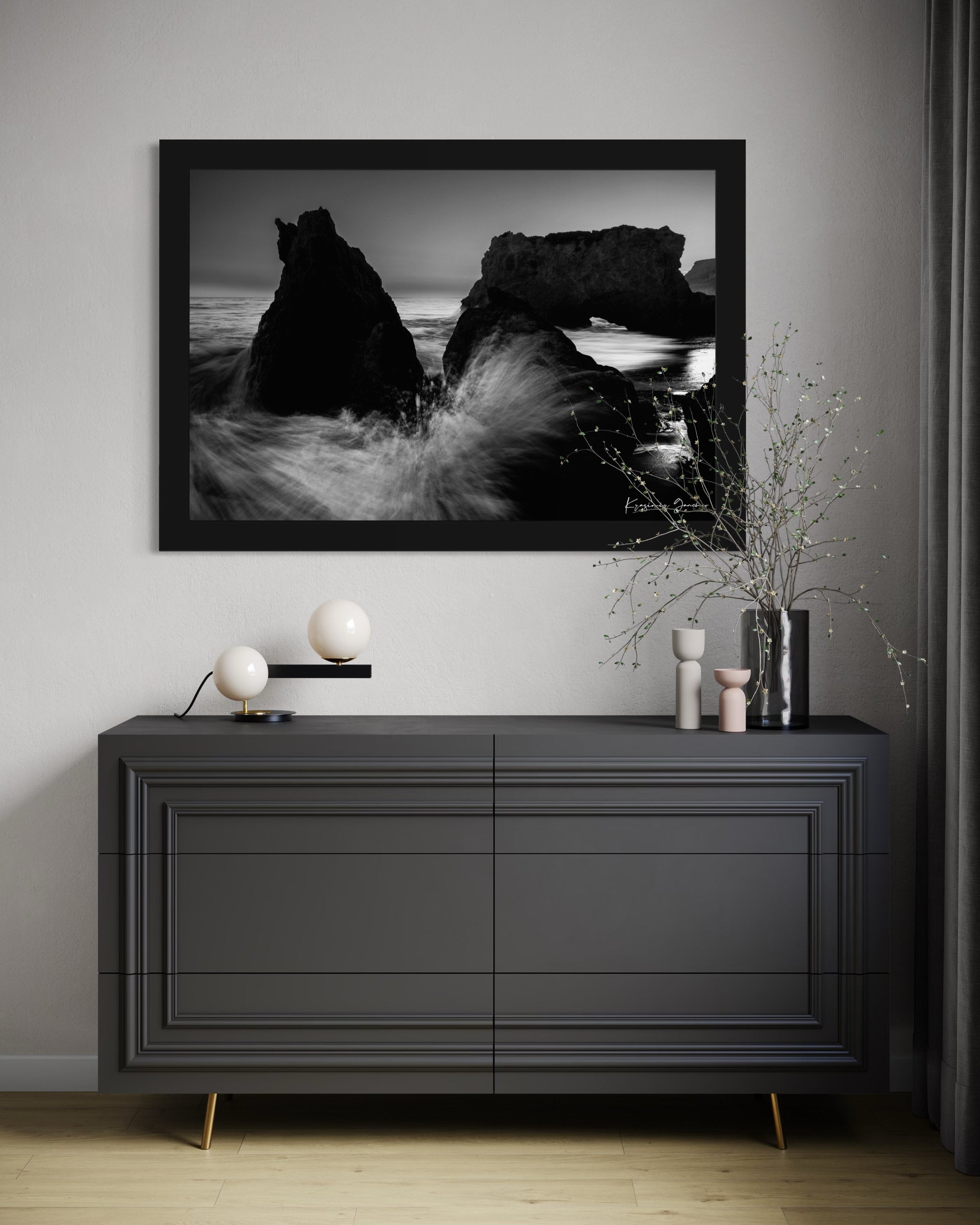 Rock arch formation along the coastal ocean at El Matador Beach, Malibu, California, with crashing waves and dusky atmosphere. #Finish_Roma Satin Black Frame