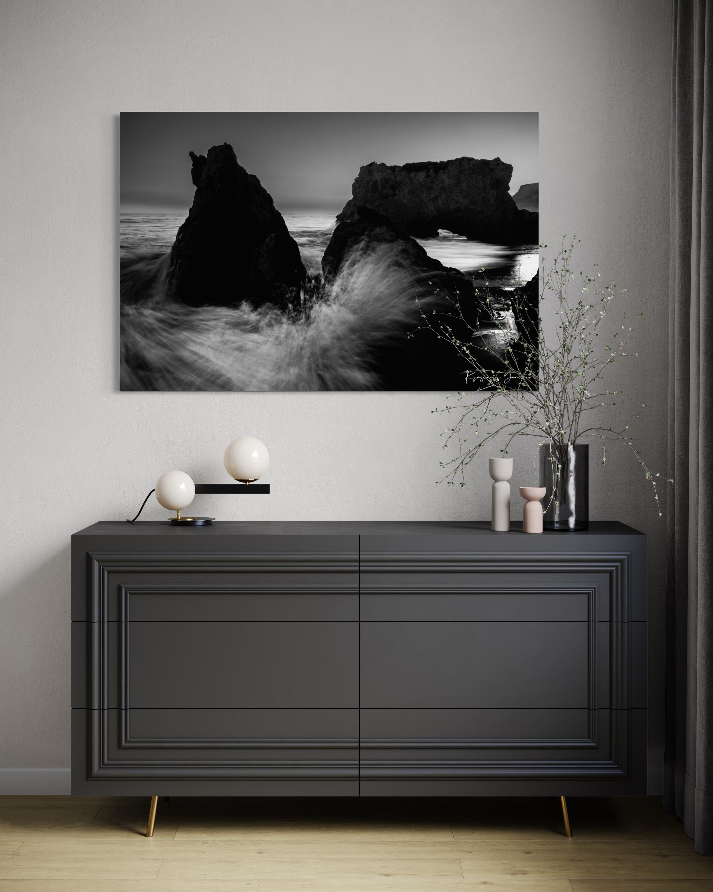 Rock arch formation along the coastal ocean at El Matador Beach, Malibu, California, with crashing waves and dusky atmosphere. #Finish_Acrylic Recess