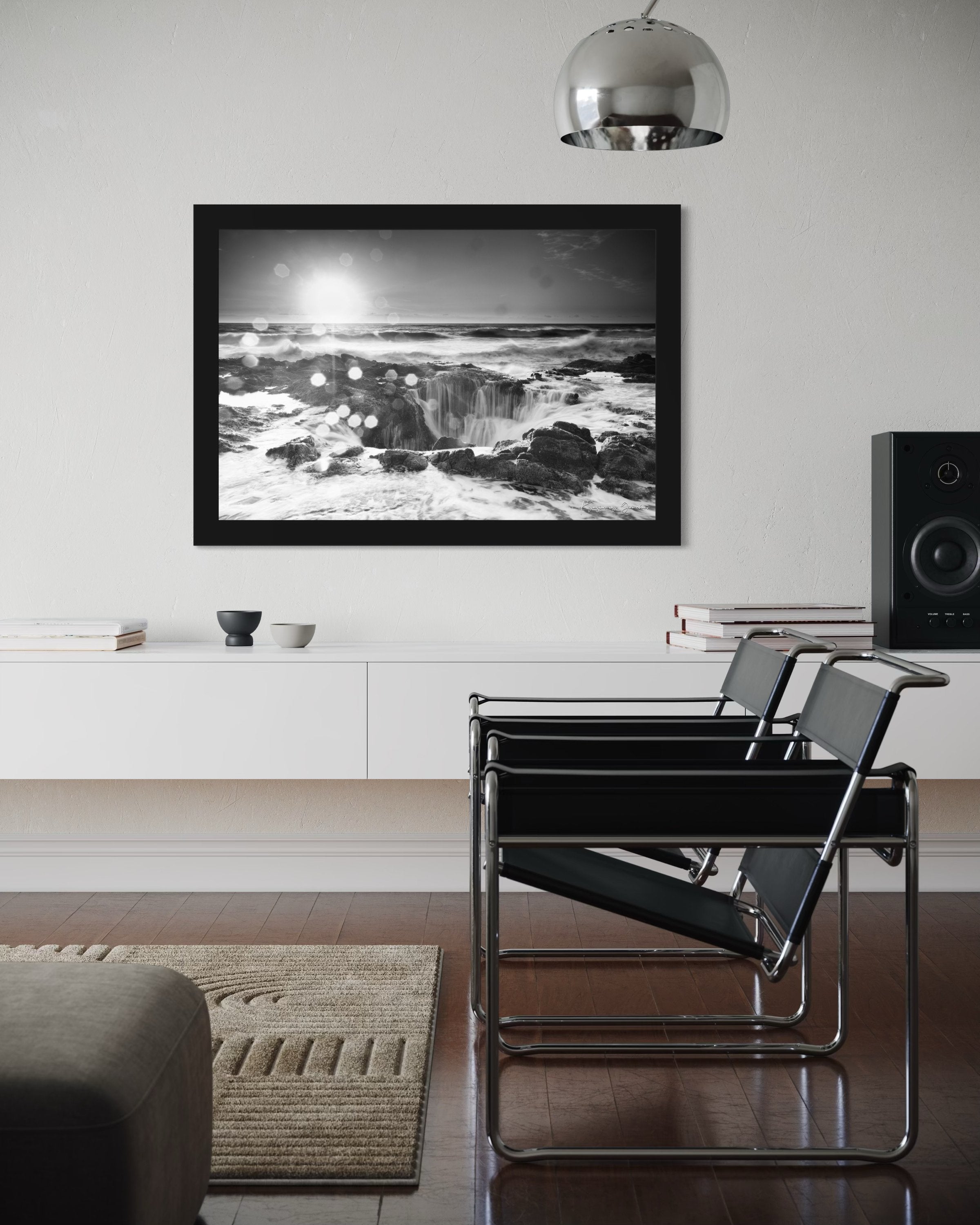 Ocean waves cascading into Thor’s Well on coastal Oregon shore at sunset, hazy conditions. #Finish_Roma Satin Black Frame