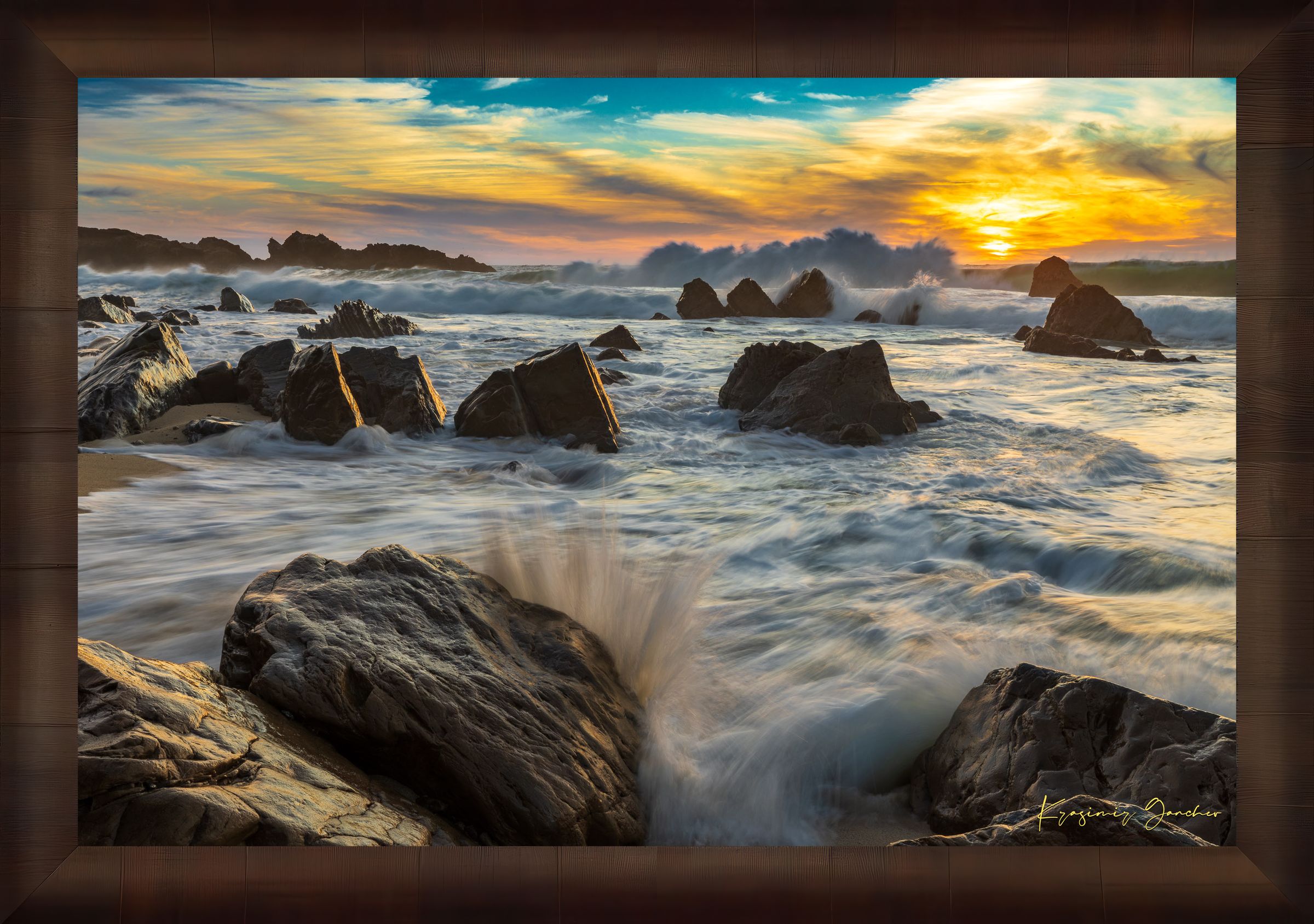 Garrapata Beach coastline during sunset in Big Sur, crashing waves against rocks with cloud-covered sky. #Finish_Roma Cigar Leaf Frame