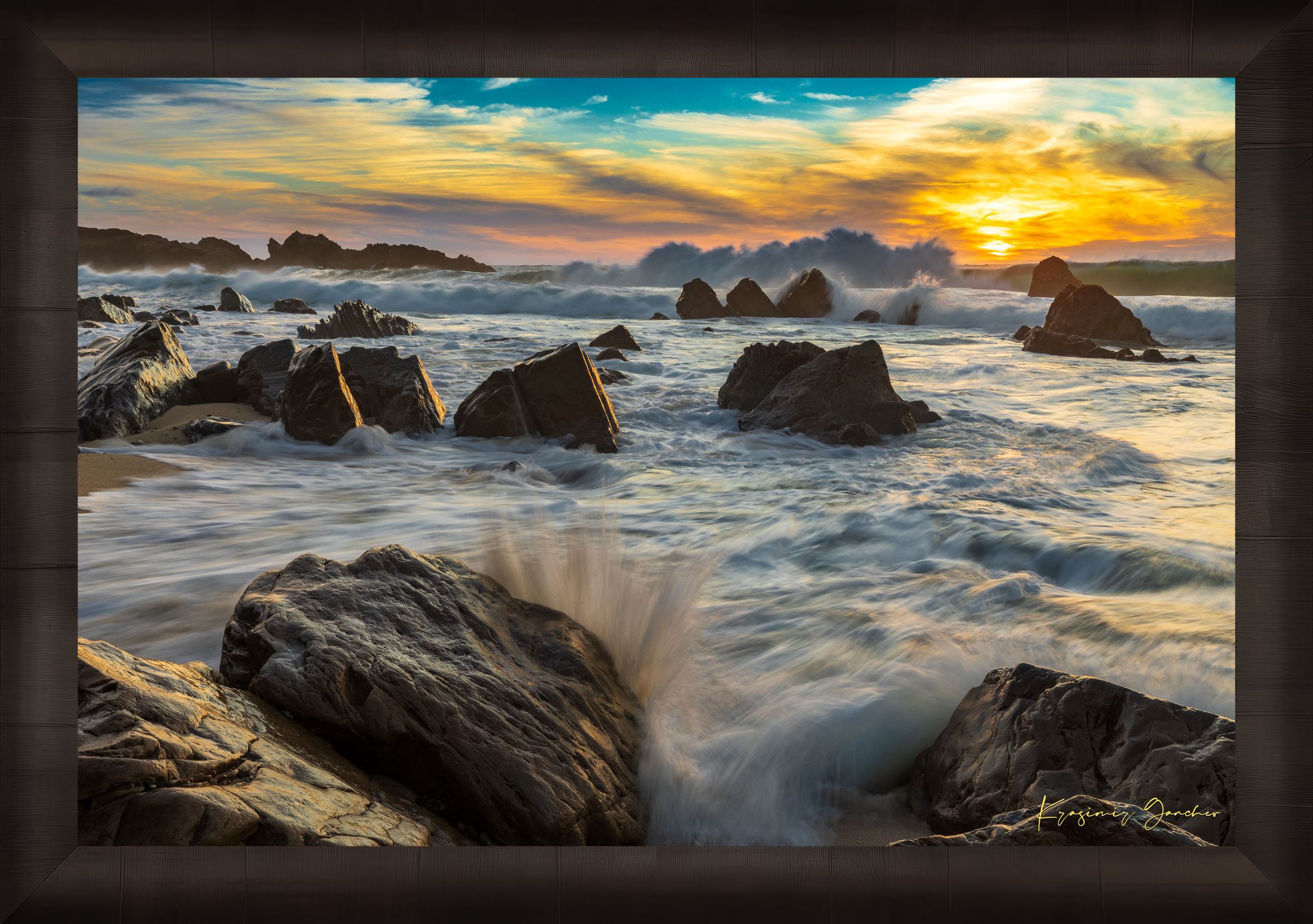 Garrapata Beach coastline during sunset in Big Sur, crashing waves against rocks with cloud-covered sky. #Finish_Roma Dark Ash Frame