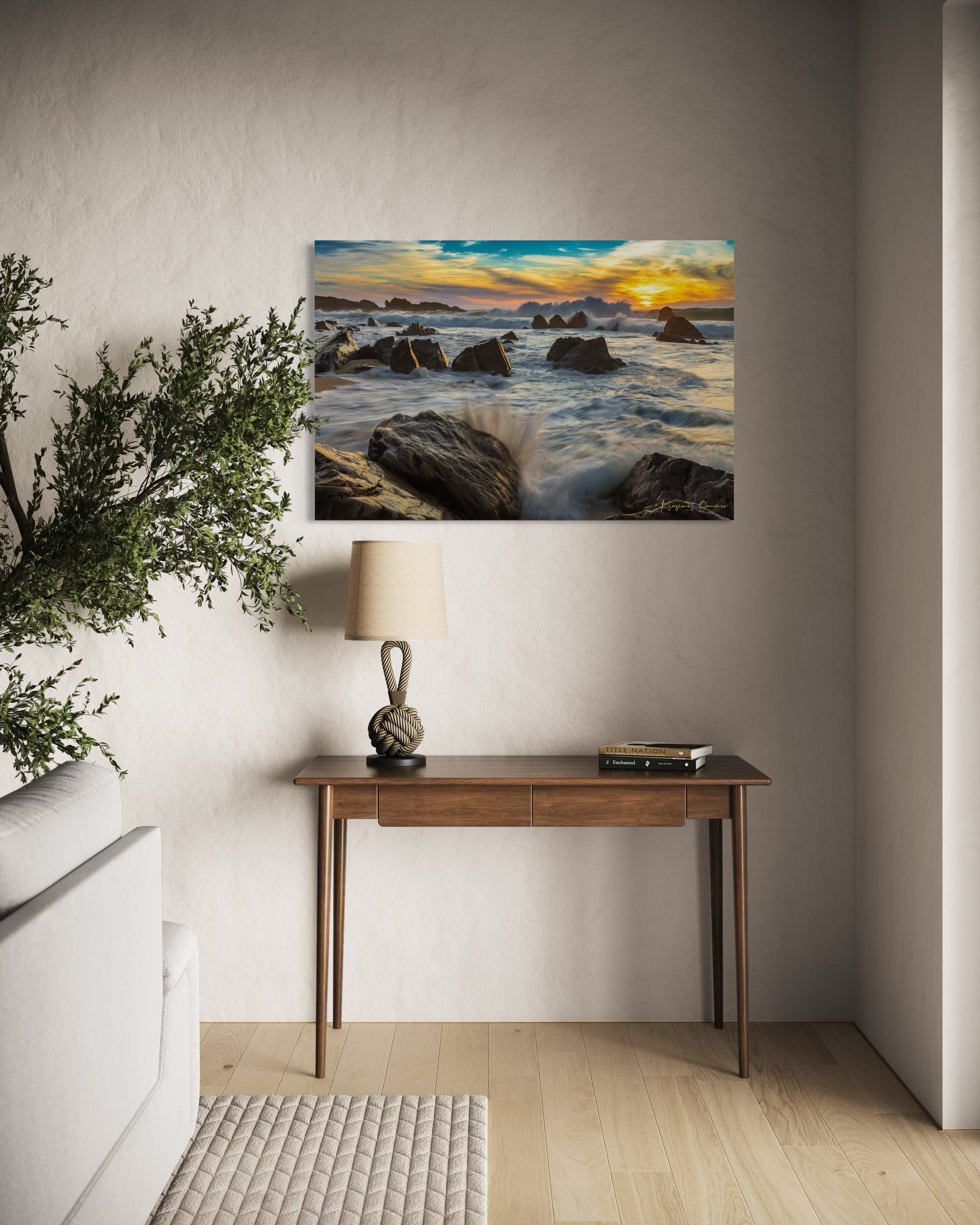 Garrapata Beach coastline during sunset in Big Sur, crashing waves against rocks with cloud-covered sky. #Finish_Acrylic Recess