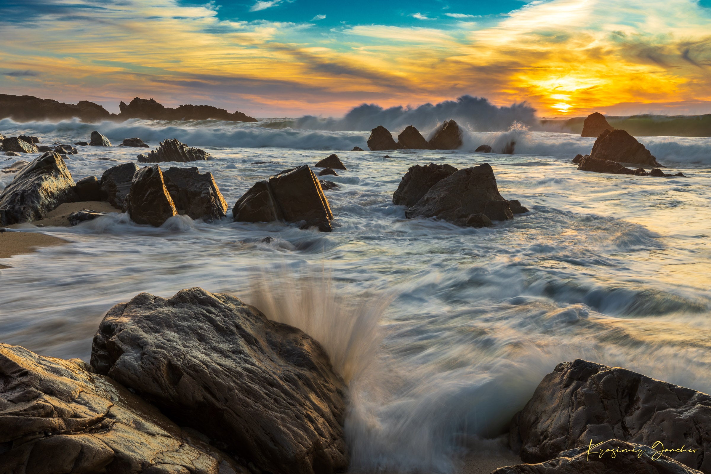 Garrapata Beach coastline during sunset in Big Sur, crashing waves against rocks with cloud-covered sky. #Finish_Acrylic Recess