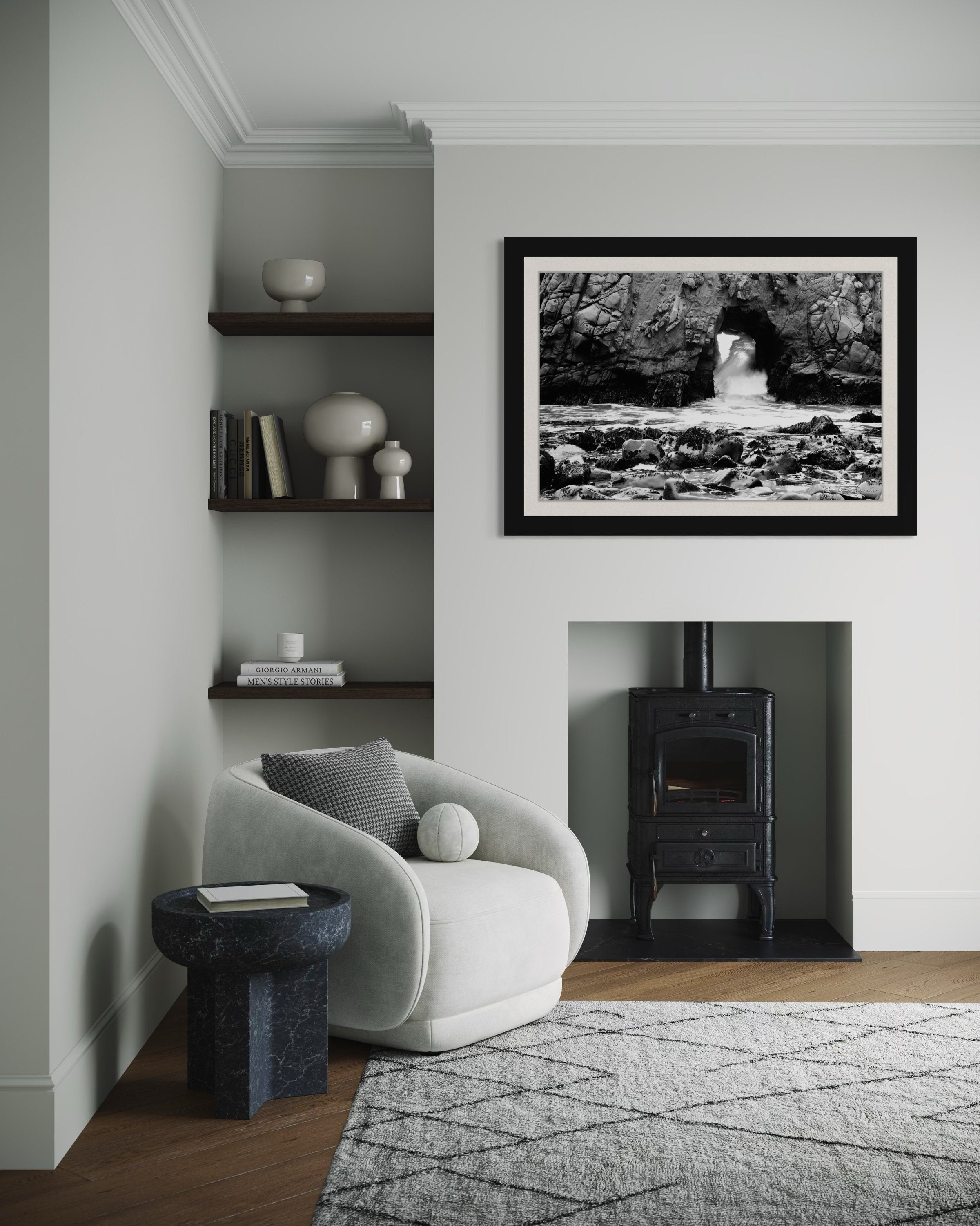 Natural arch formation at Big Sur viewed during daylight, facing the ocean with wave motion. #Finish_Roma Satin Black Frame & Bright Liner