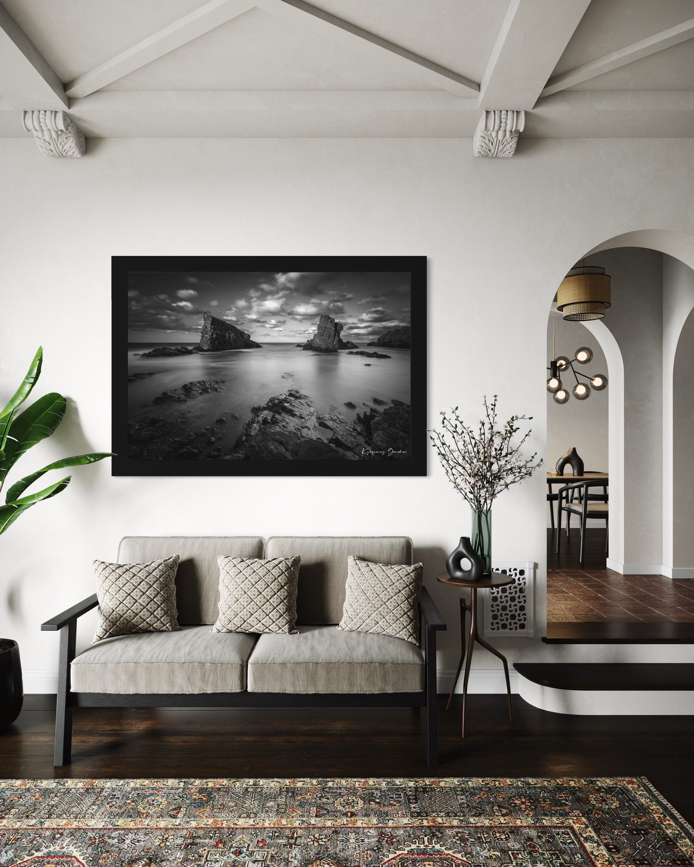 The Stone Ships rock formations at Sinemorets, Bulgaria, captured in black and white during a sunset with clouds over the sea. #Finish_Roma Satin Black Frame