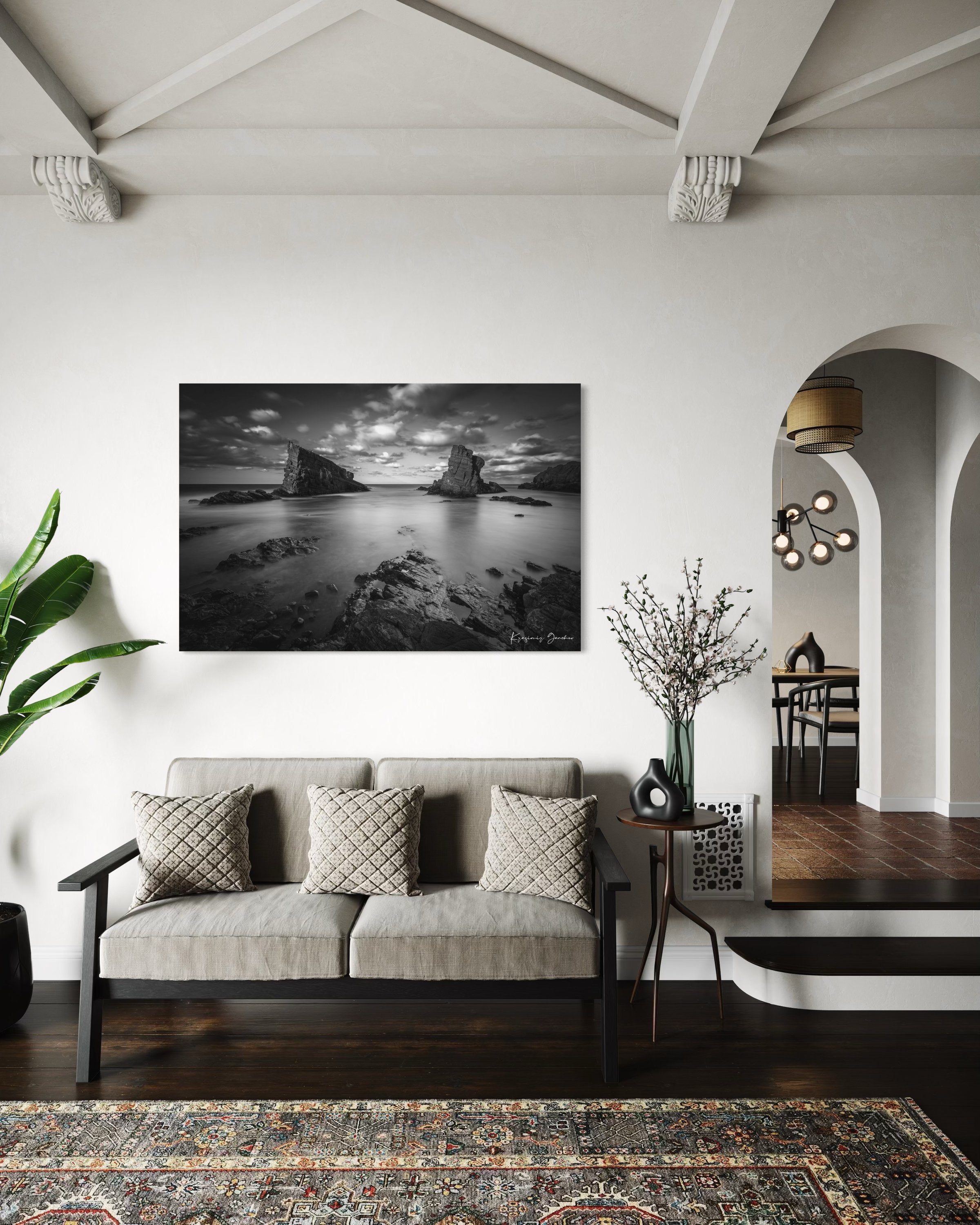 The Stone Ships rock formations at Sinemorets, Bulgaria, captured in black and white during a sunset with clouds over the sea. #Finish_Acrylic Recess
