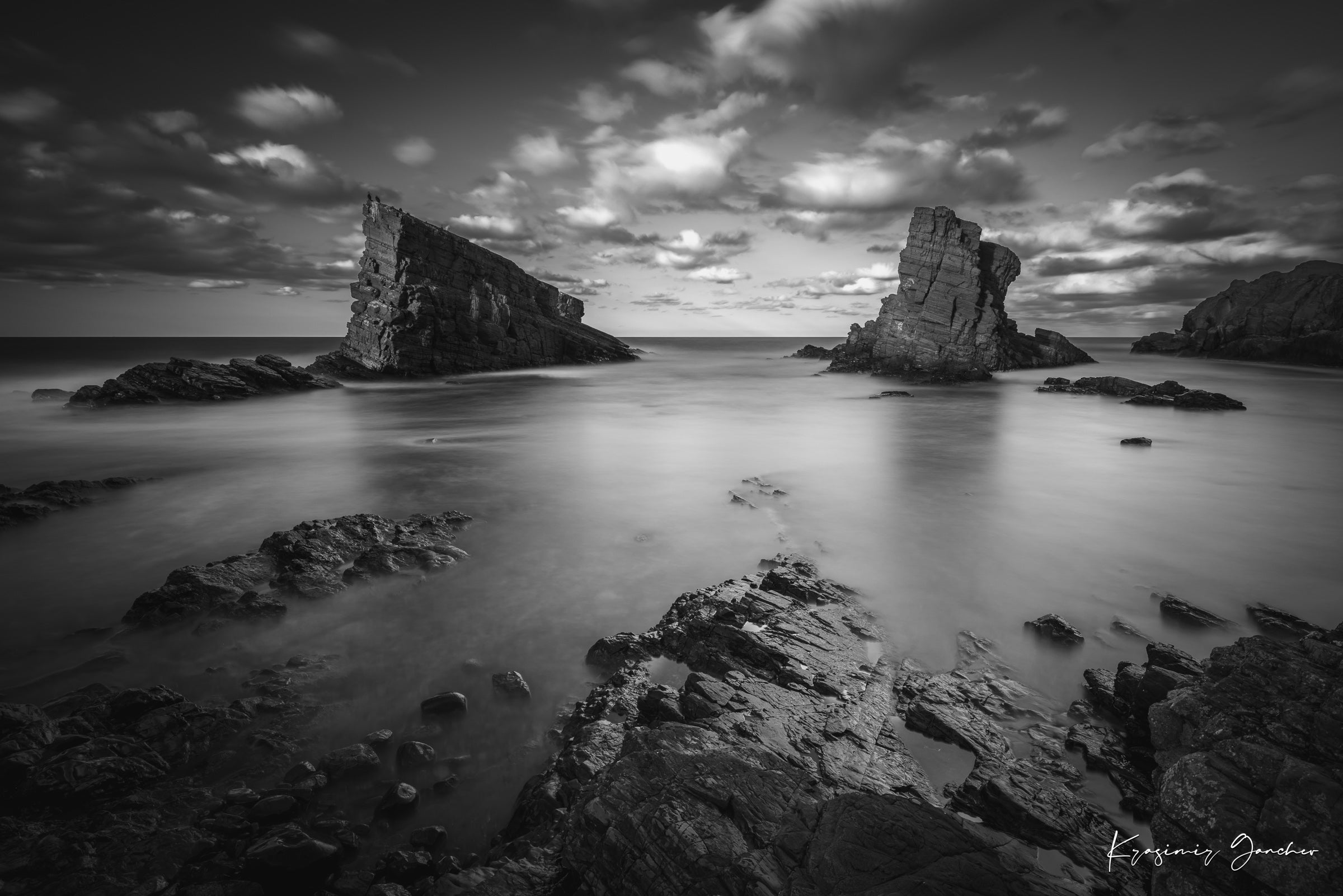 The Stone Ships rock formations at Sinemorets, Bulgaria, captured in black and white during a sunset with clouds over the sea. #Finish_Acrylic Recess