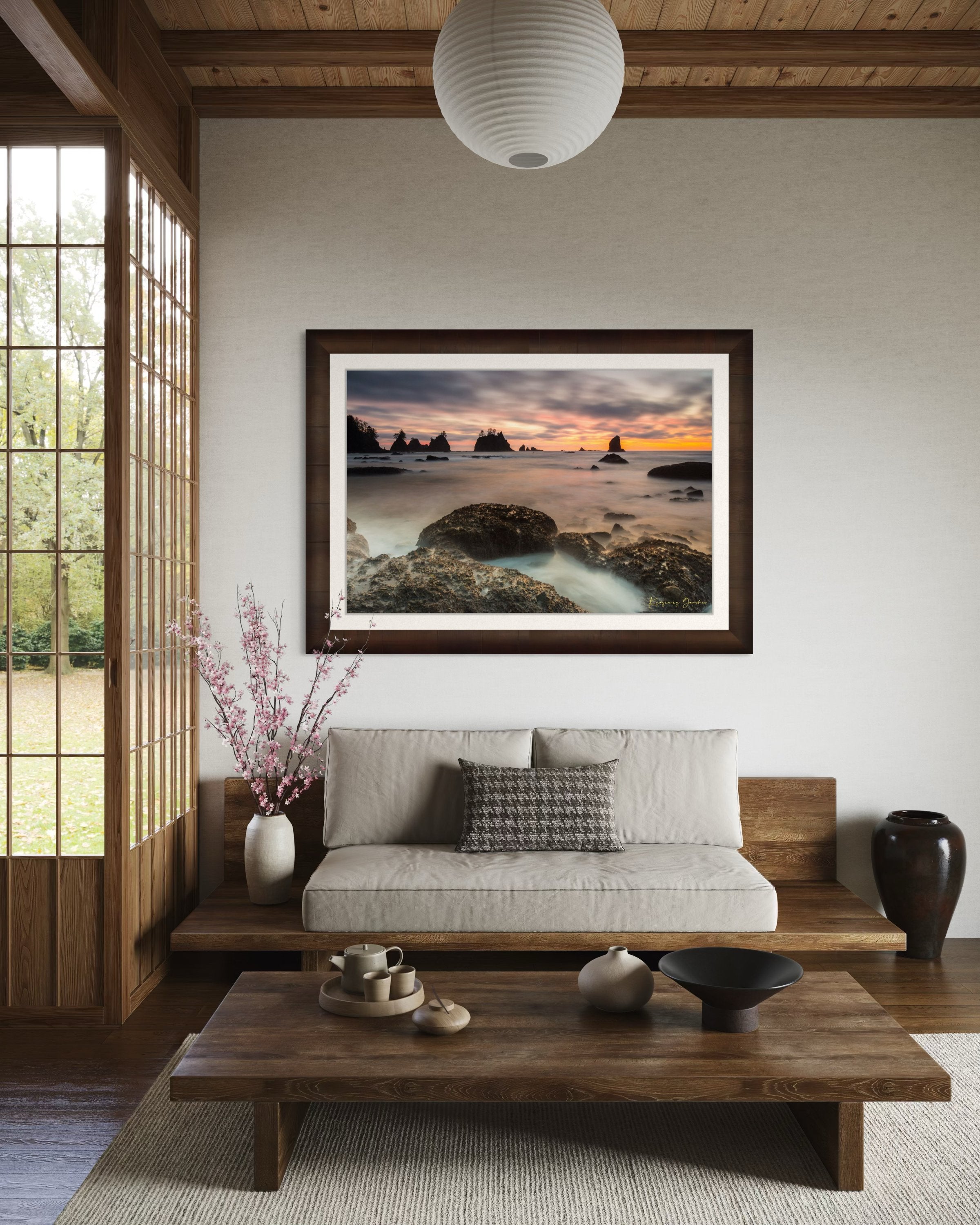 Silhouette of sea stacks against a twilight sky on Shi Shi Beach in Olympic National Park; gentle waves wash over wet sand during sunset. #Finish_Roma Cigar Leaf Frame & Bright Liner