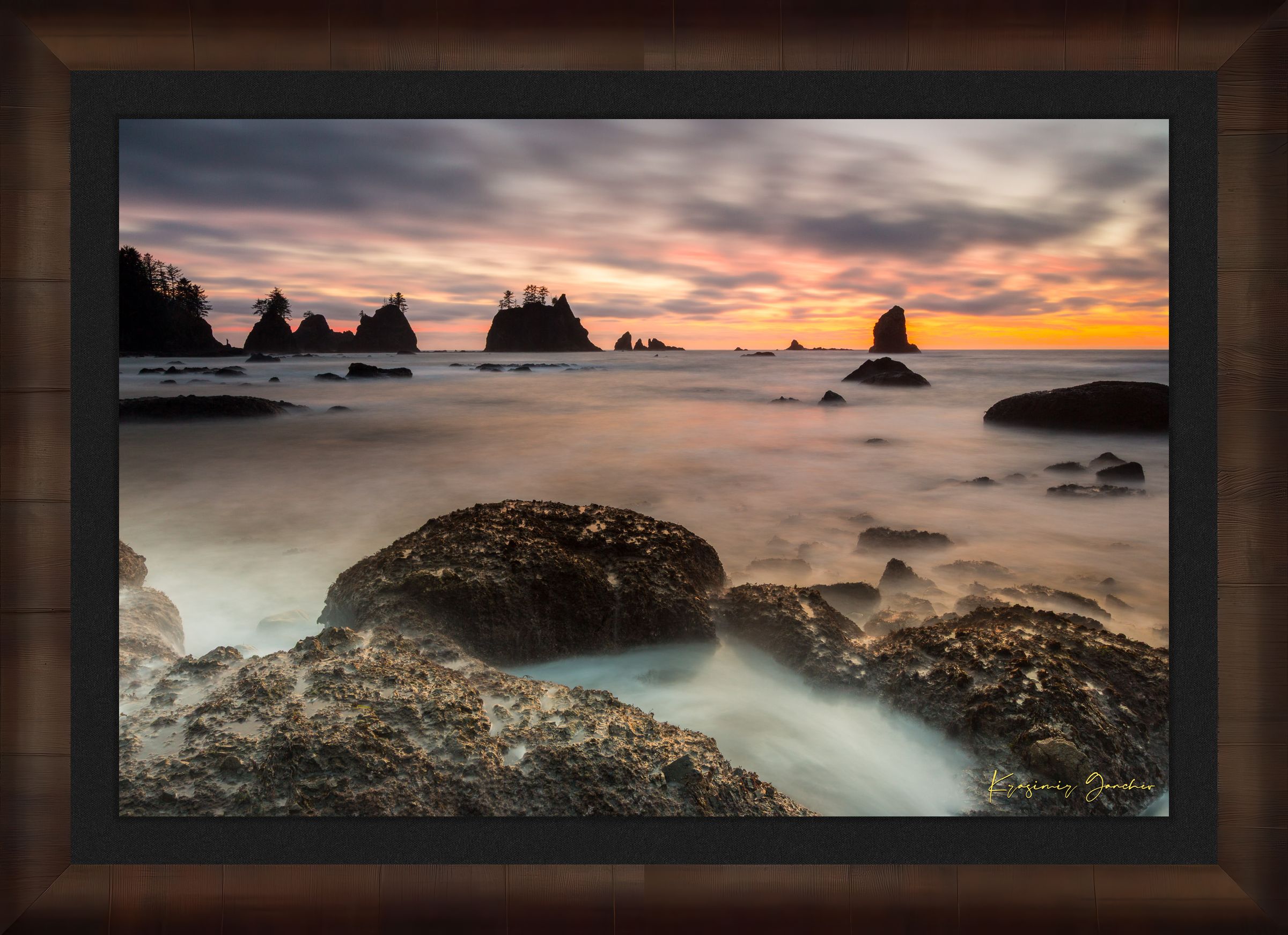 Silhouette of sea stacks against a twilight sky on Shi Shi Beach in Olympic National Park; gentle waves wash over wet sand during sunset. #Finish_Roma Cigar Leaf Frame & Dark Liner