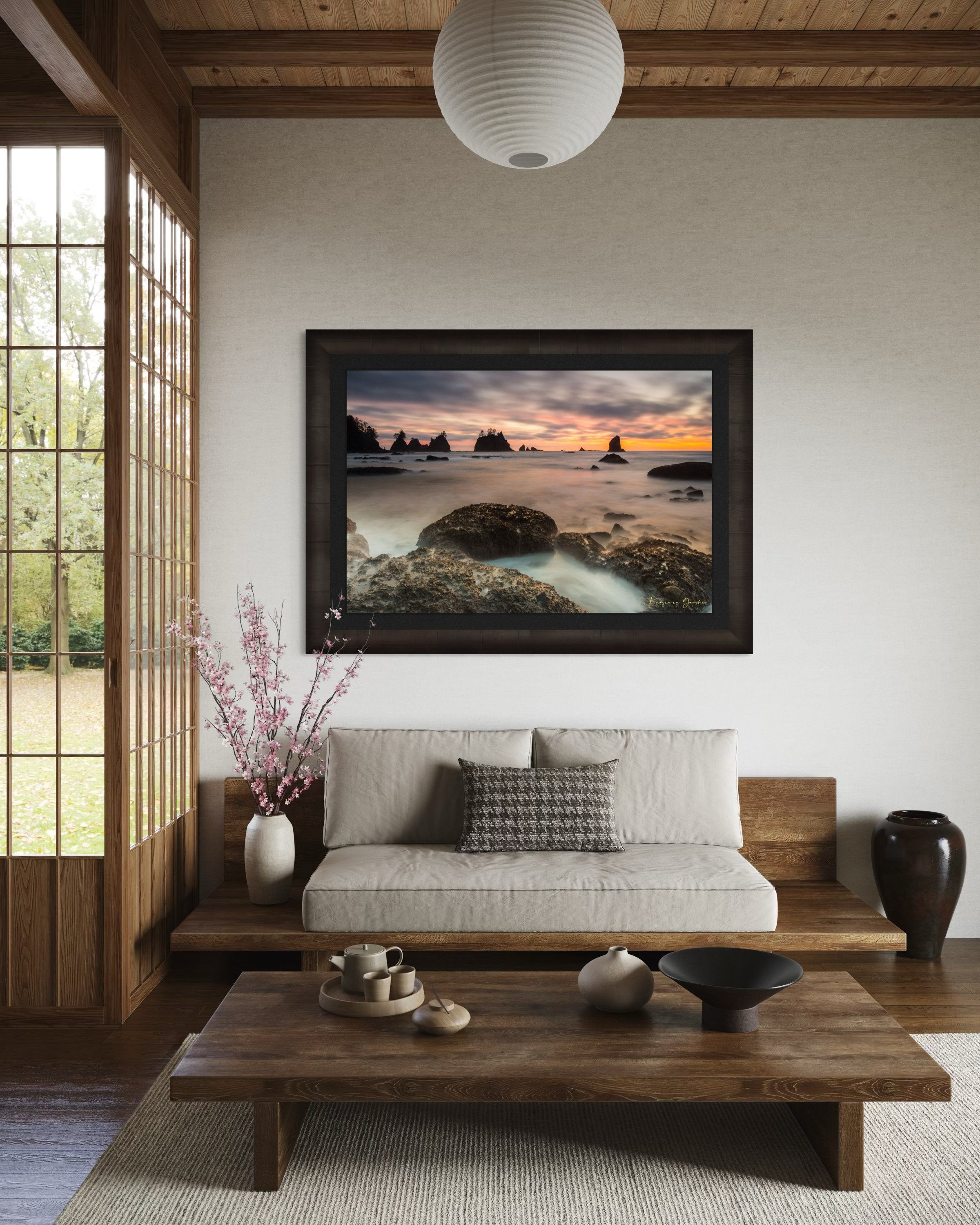 Silhouette of sea stacks against a twilight sky on Shi Shi Beach in Olympic National Park; gentle waves wash over wet sand during sunset. #Finish_Roma Dark Ash Frame & Dark Liner