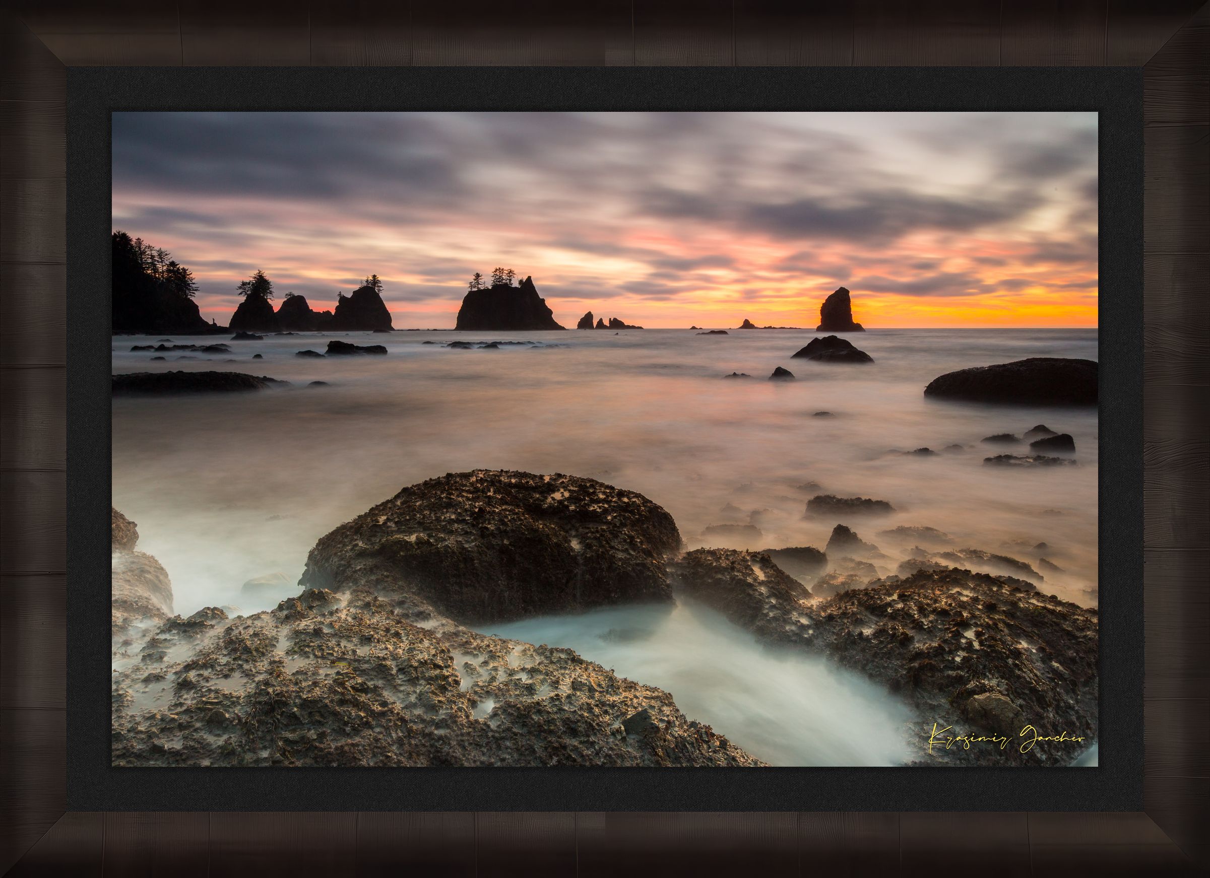 Silhouette of sea stacks against a twilight sky on Shi Shi Beach in Olympic National Park; gentle waves wash over wet sand during sunset. #Finish_Roma Dark Ash Frame & Dark Liner