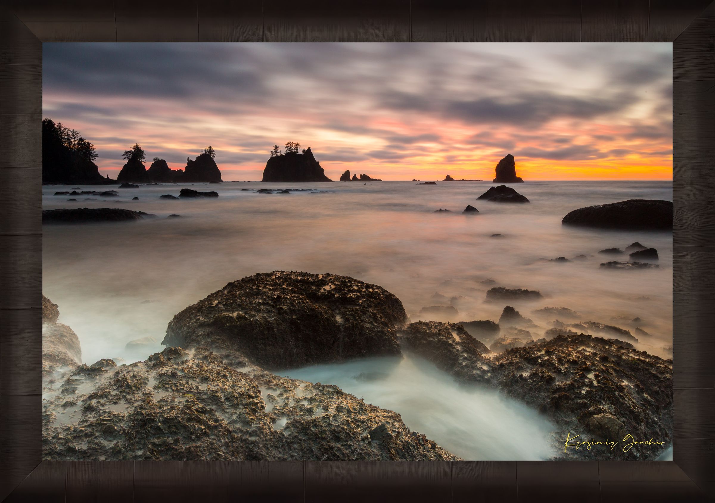 Silhouette of sea stacks against a twilight sky on Shi Shi Beach in Olympic National Park; gentle waves wash over wet sand during sunset. #Finish_Roma Dark Ash Frame