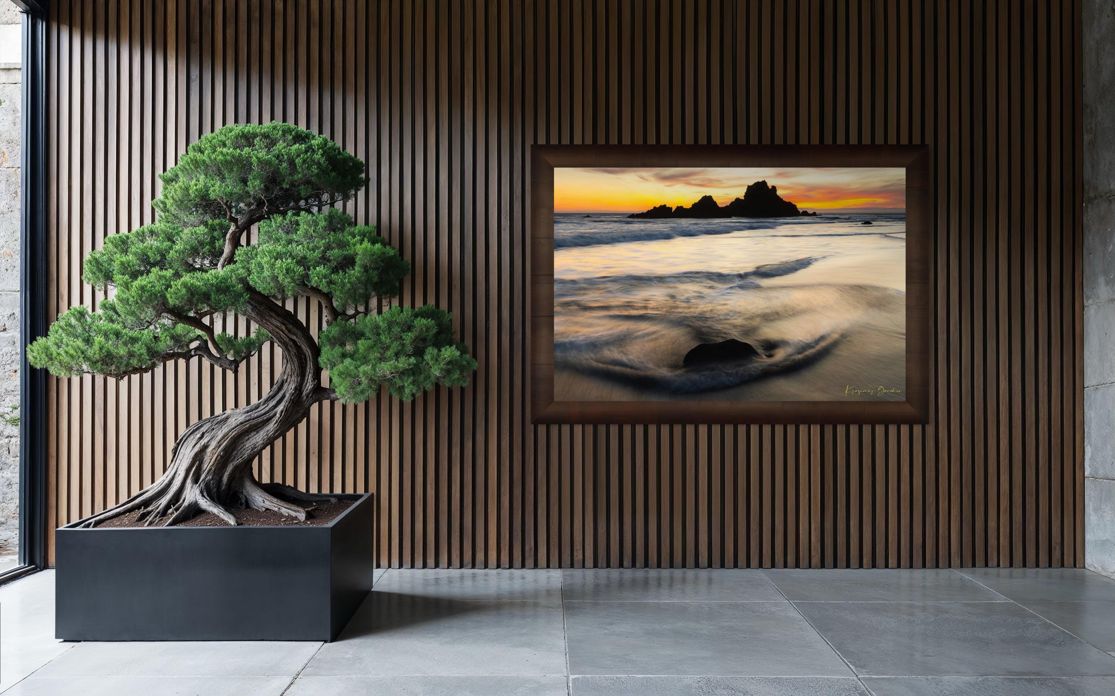 Beach scene at Pfeiffer Beach in Big Sur featuring sea stack, golden hour light, clouds, and gentle rolling waves. #Finish_Roma Cigar Leaf Frame