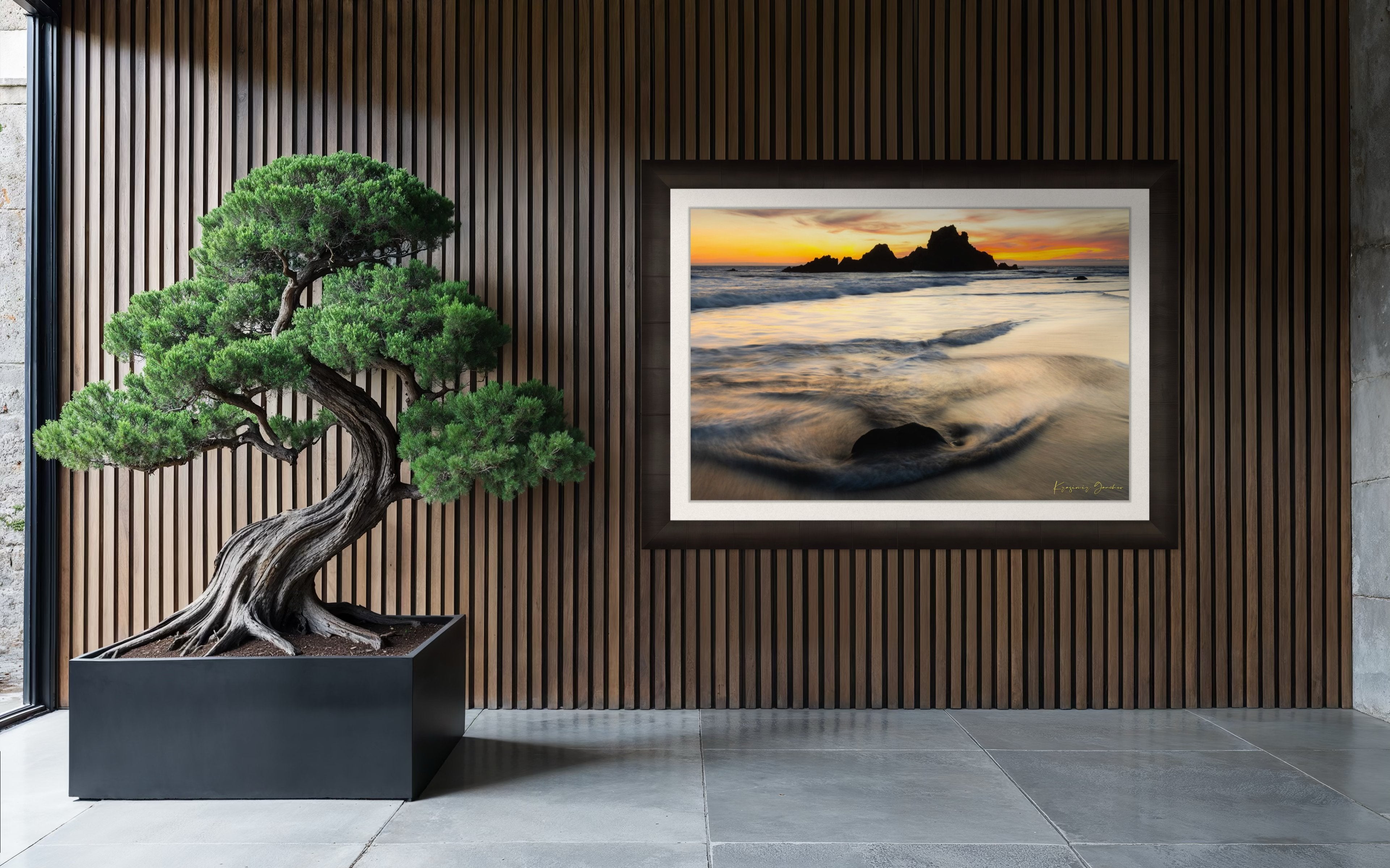 Beach scene at Pfeiffer Beach in Big Sur featuring sea stack, golden hour light, clouds, and gentle rolling waves. #Finish_Roma Dark Ash Frame & Bright Liner