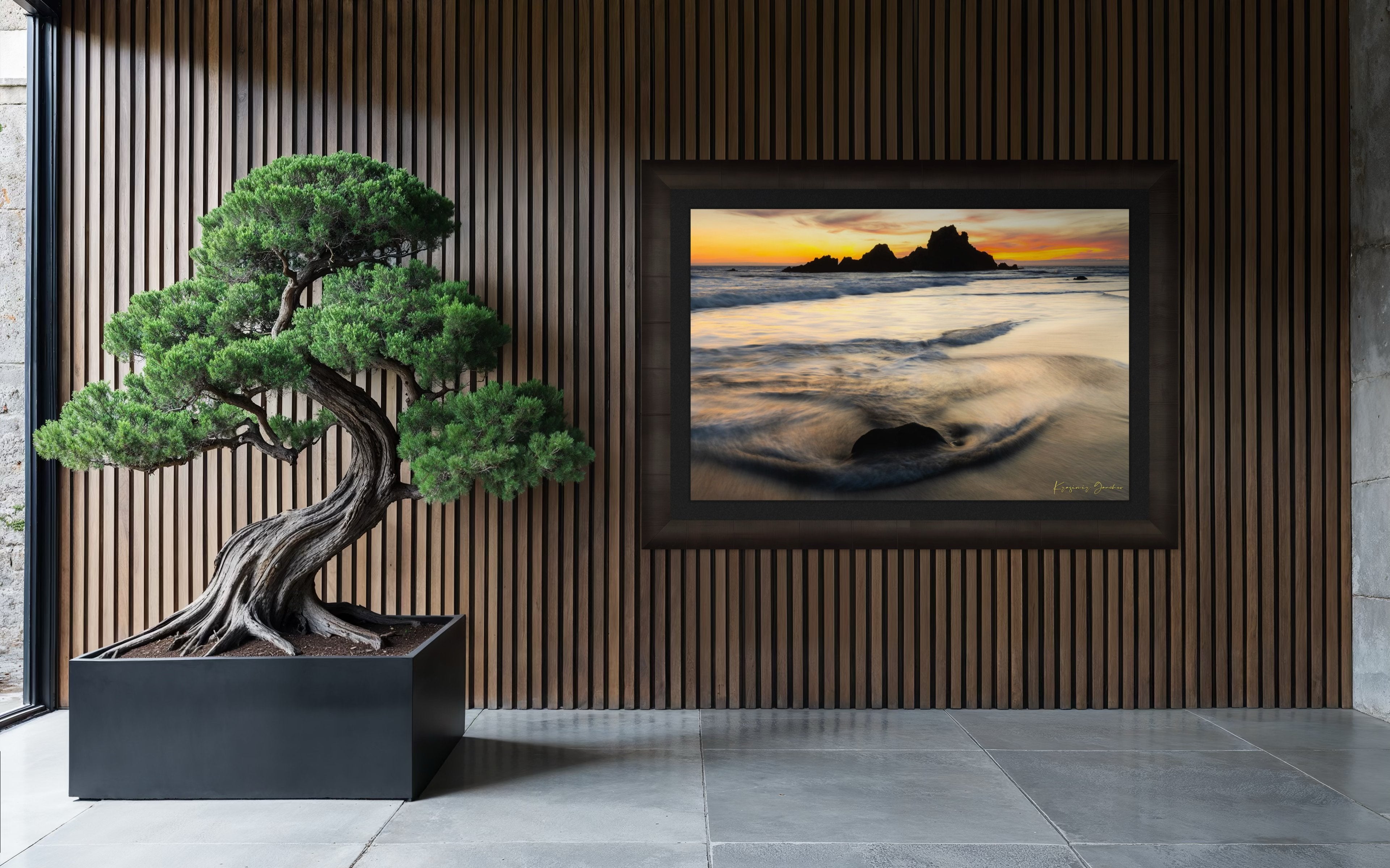 Beach scene at Pfeiffer Beach in Big Sur featuring sea stack, golden hour light, clouds, and gentle rolling waves. #Finish_Roma Dark Ash Frame & Dark Liner